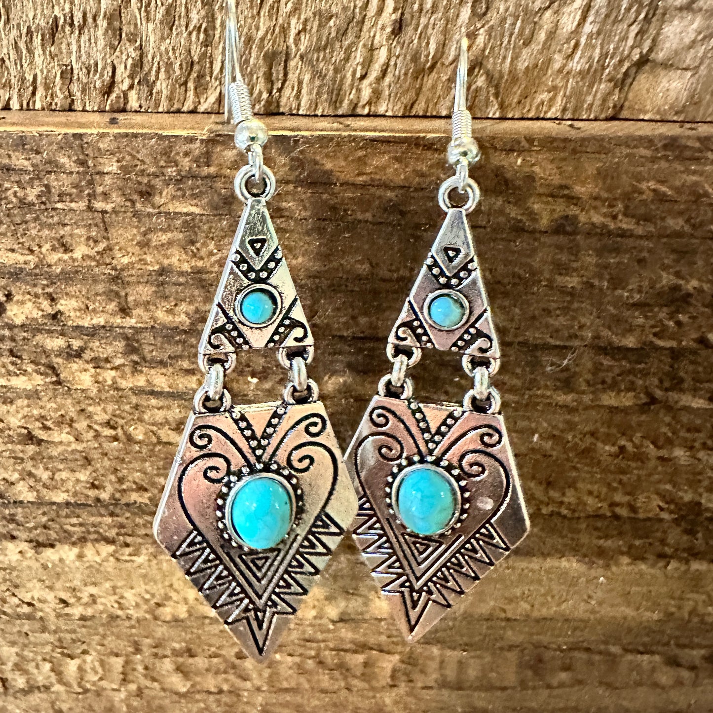 Southwestern Boho Vintage Droplet Dangle Earrings, Turquoise Stone, Gift Box - Silver Elegant