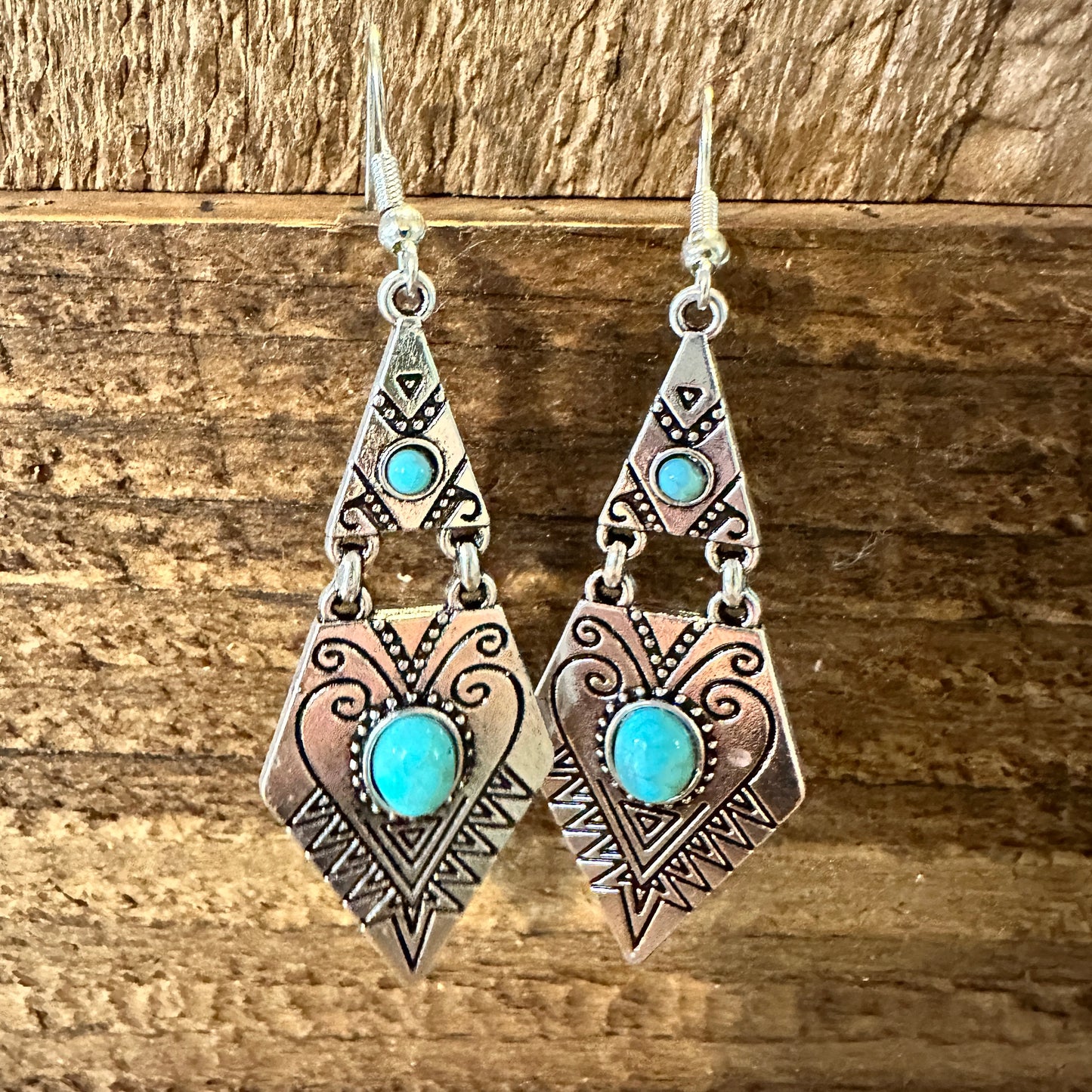 Southwestern Boho Vintage Droplet Dangle Earrings, Turquoise Stone, Gift Box - Silver Elegant