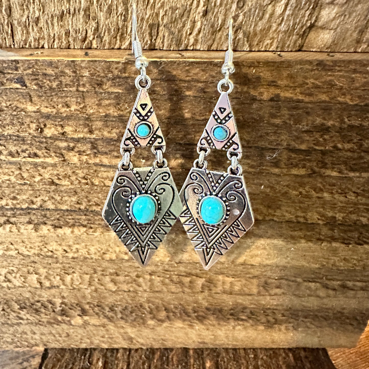Southwestern Boho Vintage Droplet Dangle Earrings, Turquoise Stone, Gift Box - Silver Elegant