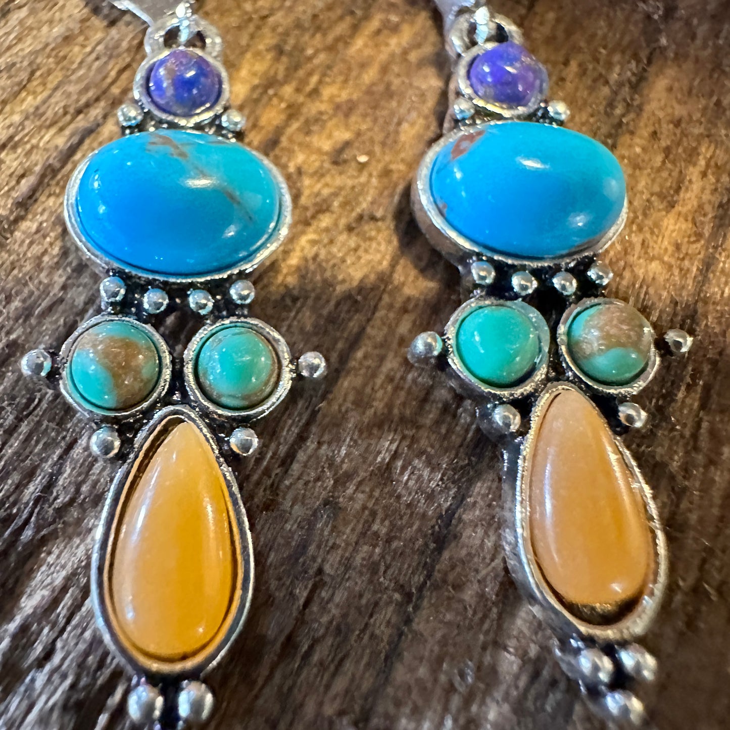 Boho Hippie Vintage Droplet Dangle Earrings, Multi-Color Stone, Gift Box - Silver Elegant