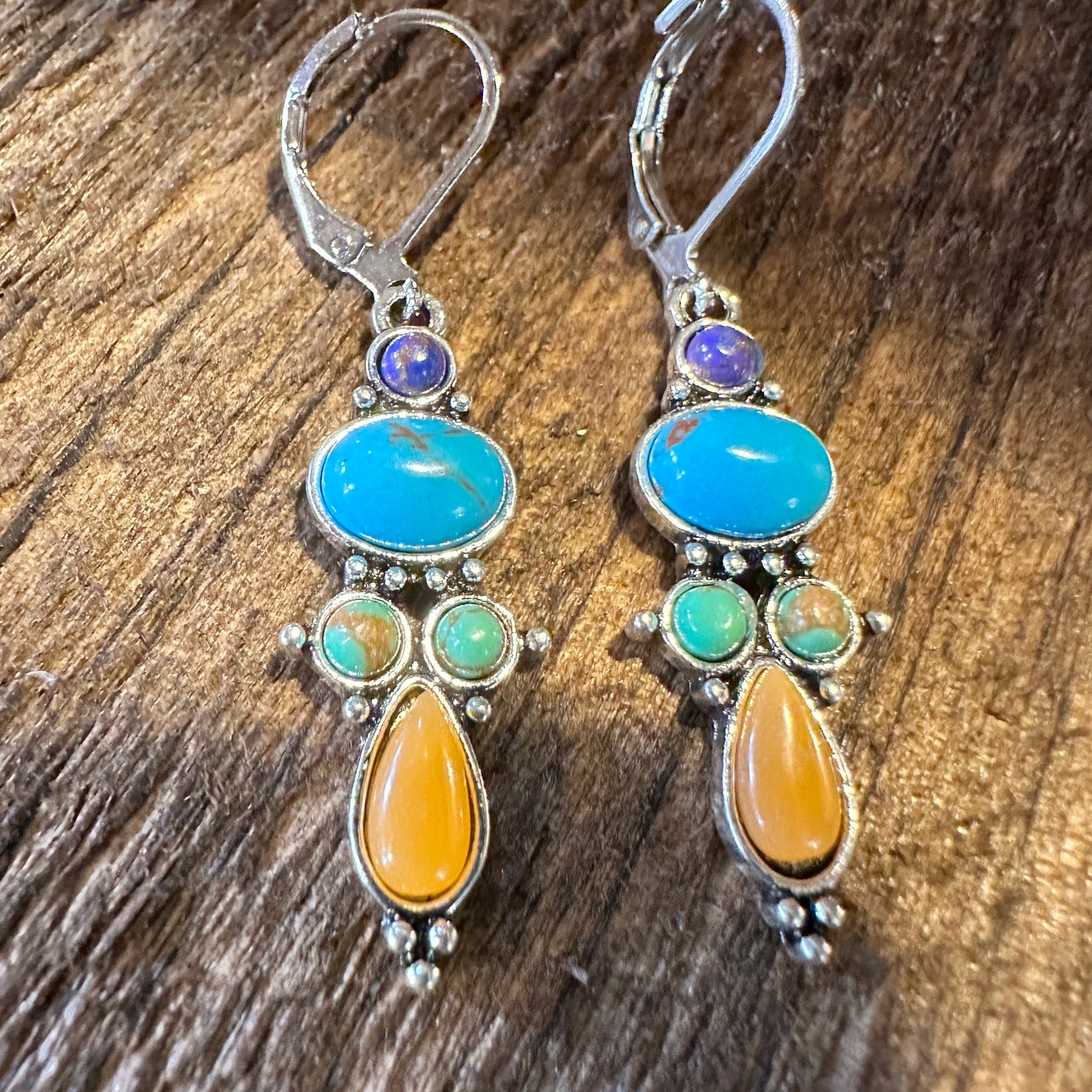 Boho Hippie Vintage Droplet Dangle Earrings, Multi-Color Stone, Gift Box - Silver Elegant