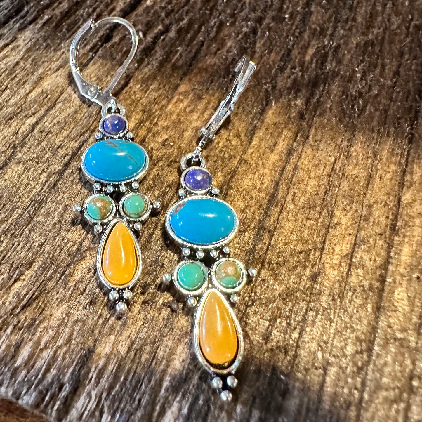 Boho Hippie Vintage Droplet Dangle Earrings, Multi-Color Stone, Gift Box - Silver Elegant