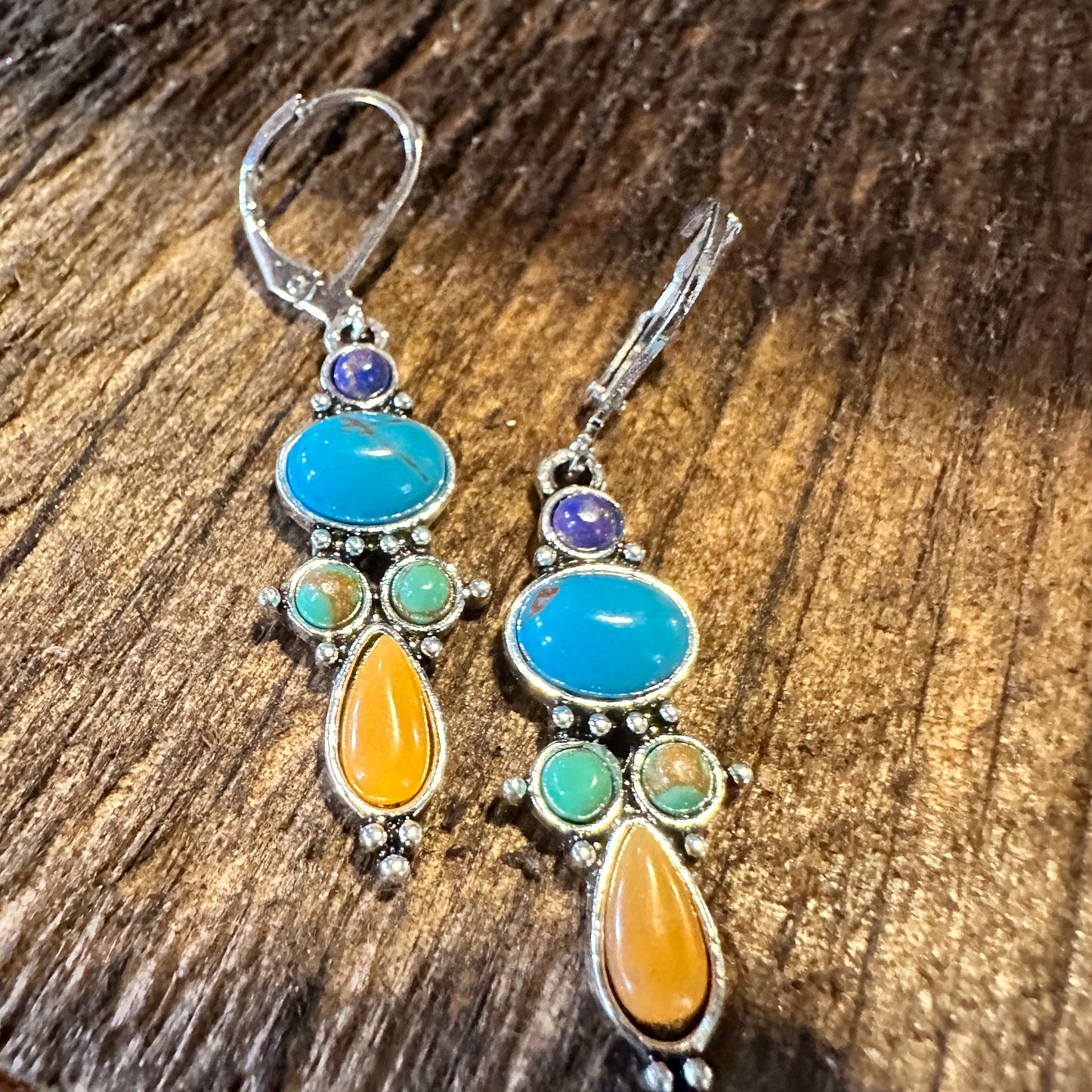 Boho Hippie Vintage Droplet Dangle Earrings, Multi-Color Stone, Gift Box - Silver Elegant