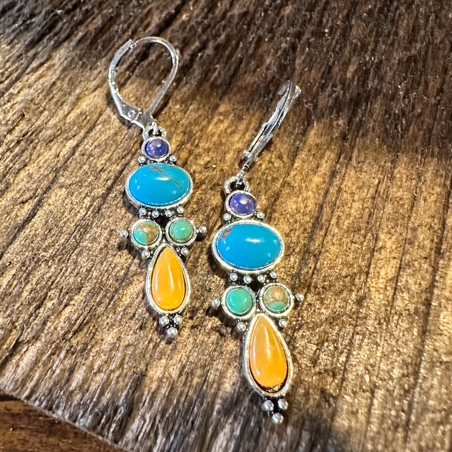 Boho Hippie Vintage Droplet Dangle Earrings, Multi-Color Stone, Gift Box - Silver Elegant