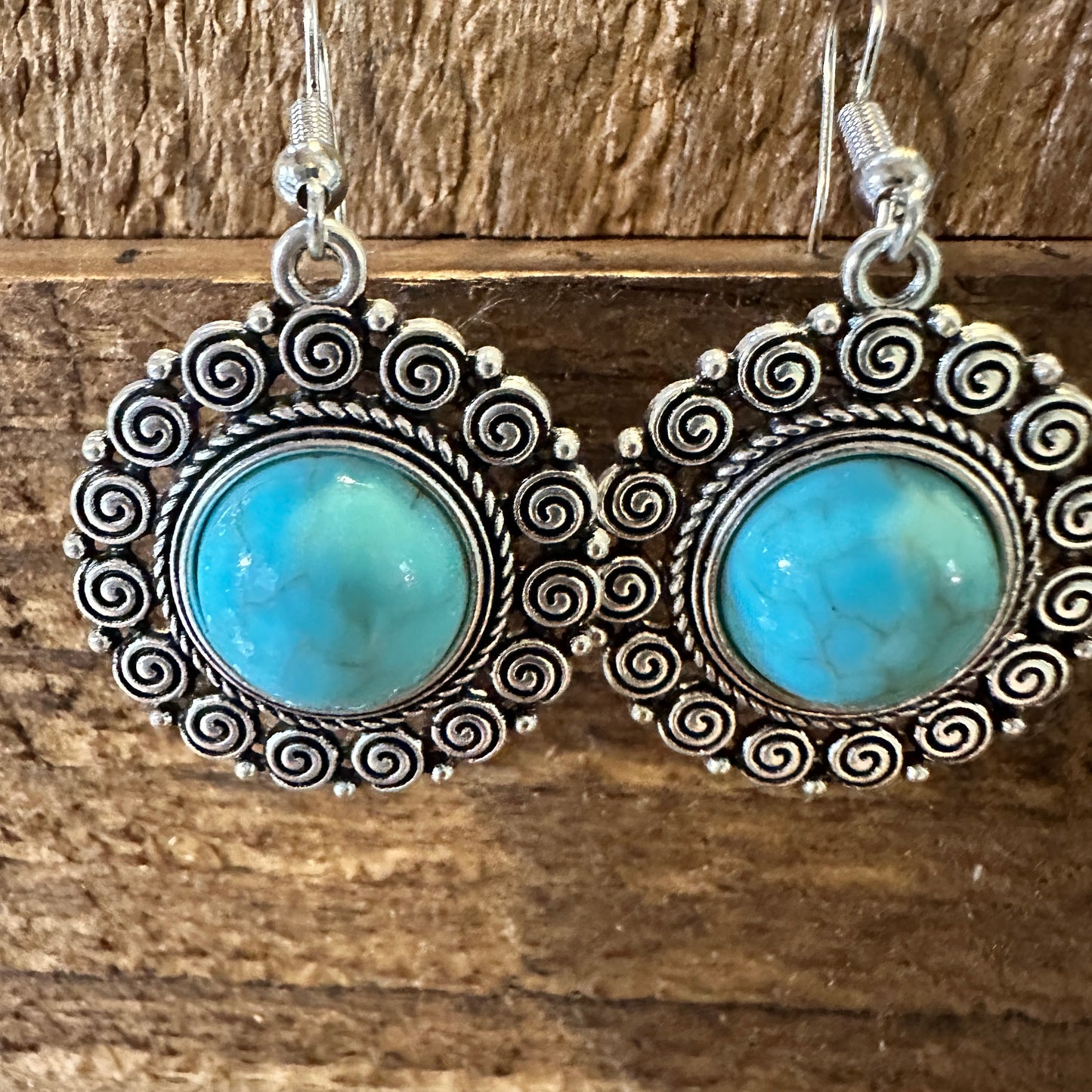 Boho Hippie Vintage Round Lace Dangle Wire Earrings, Turquoise Stone, Gift Box - Silver Elegant
