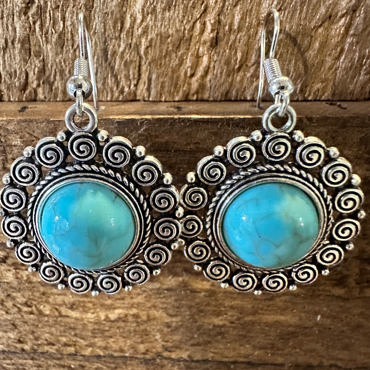 Boho Hippie Vintage Round Lace Dangle Wire Earrings, Turquoise Stone, Gift Box - Silver Elegant