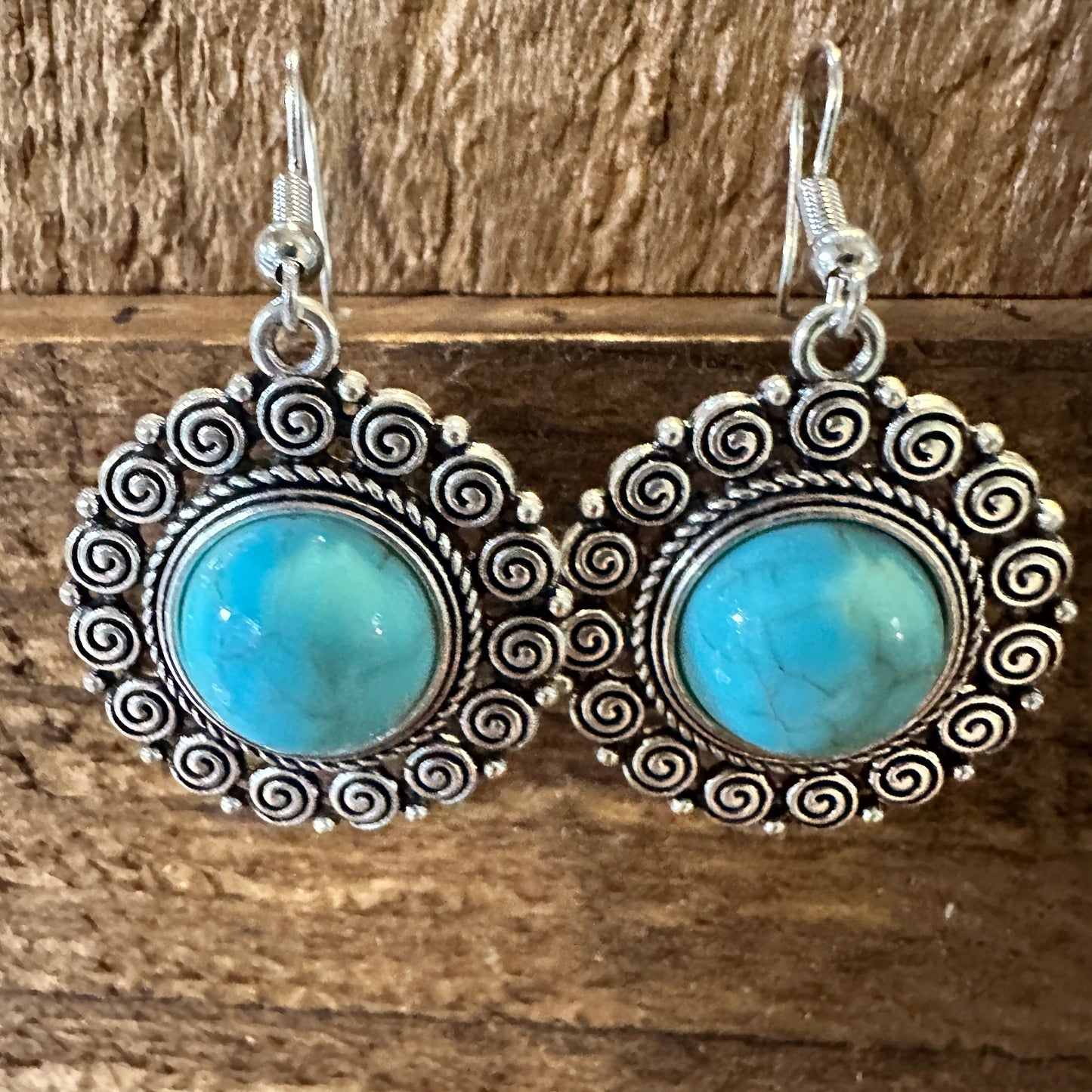 Boho Hippie Vintage Round Lace Dangle Wire Earrings, Turquoise Stone, Gift Box - Silver Elegant