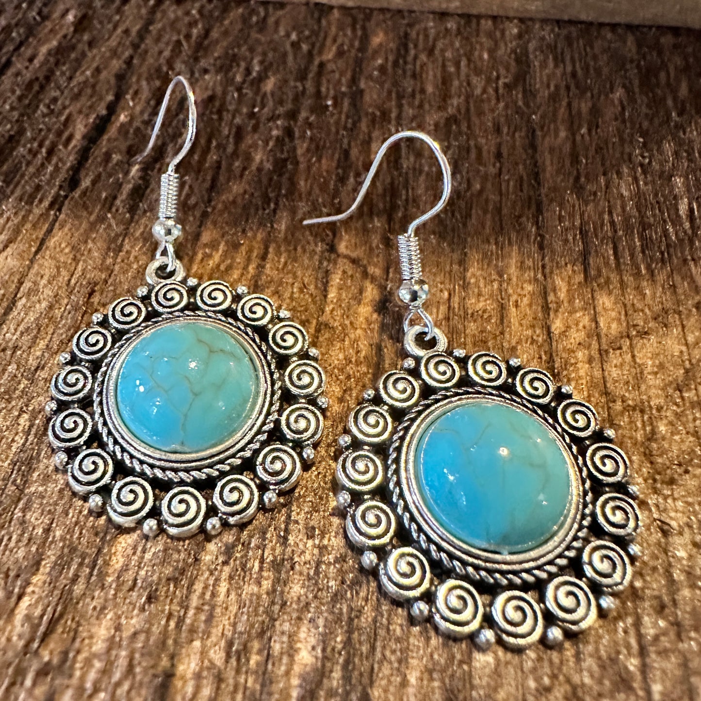 Boho Hippie Vintage Round Lace Dangle Wire Earrings, Turquoise Stone, Gift Box - Silver Elegant