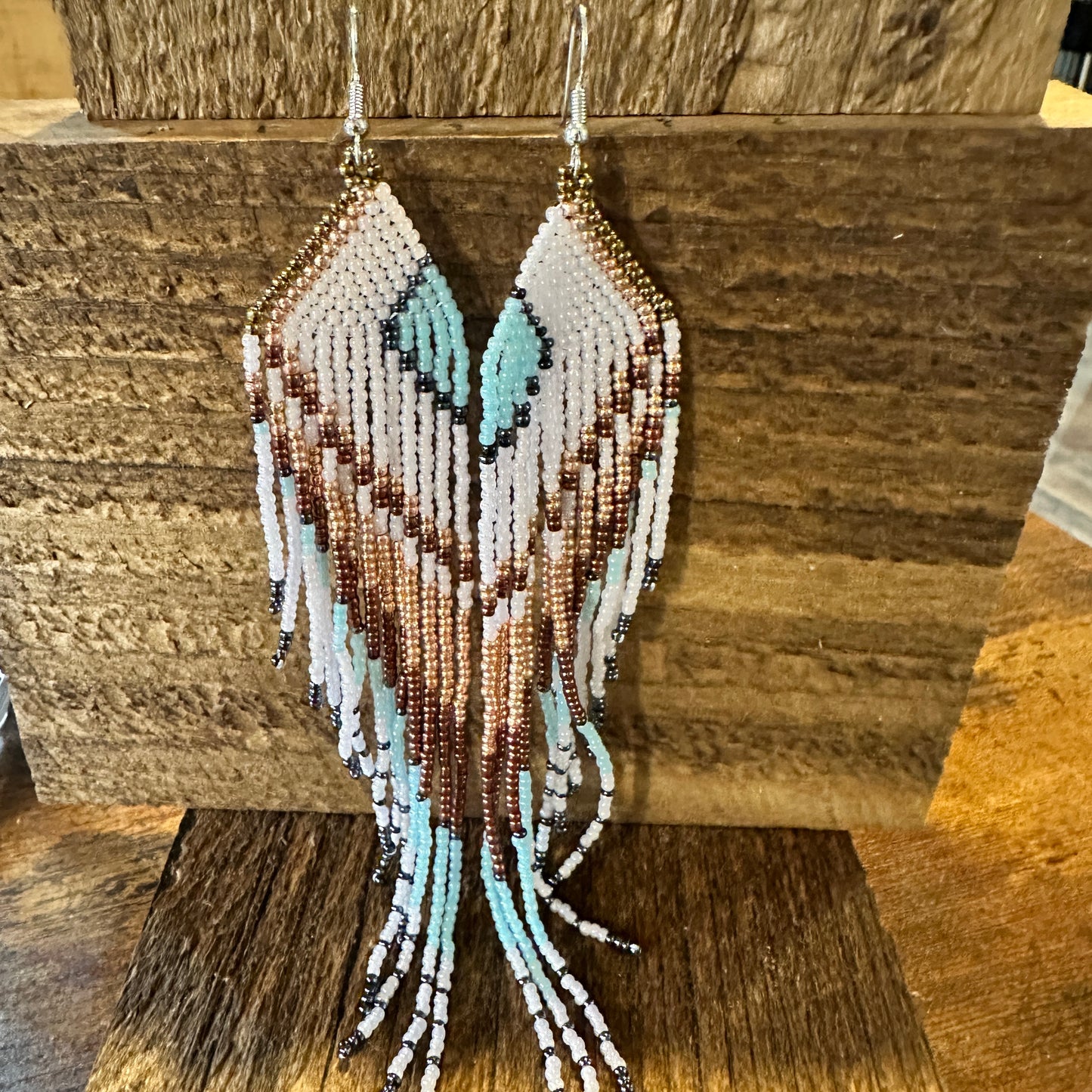 Boho Native American Navajo Seed Bead Dangle Wire Earrings, Turquoise Stone, Gift Box - Silver Elegant