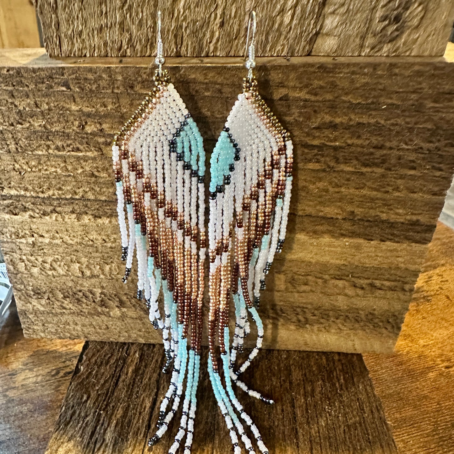 Boho Native American Navajo Seed Bead Dangle Wire Earrings, Turquoise Stone, Gift Box - Silver Elegant