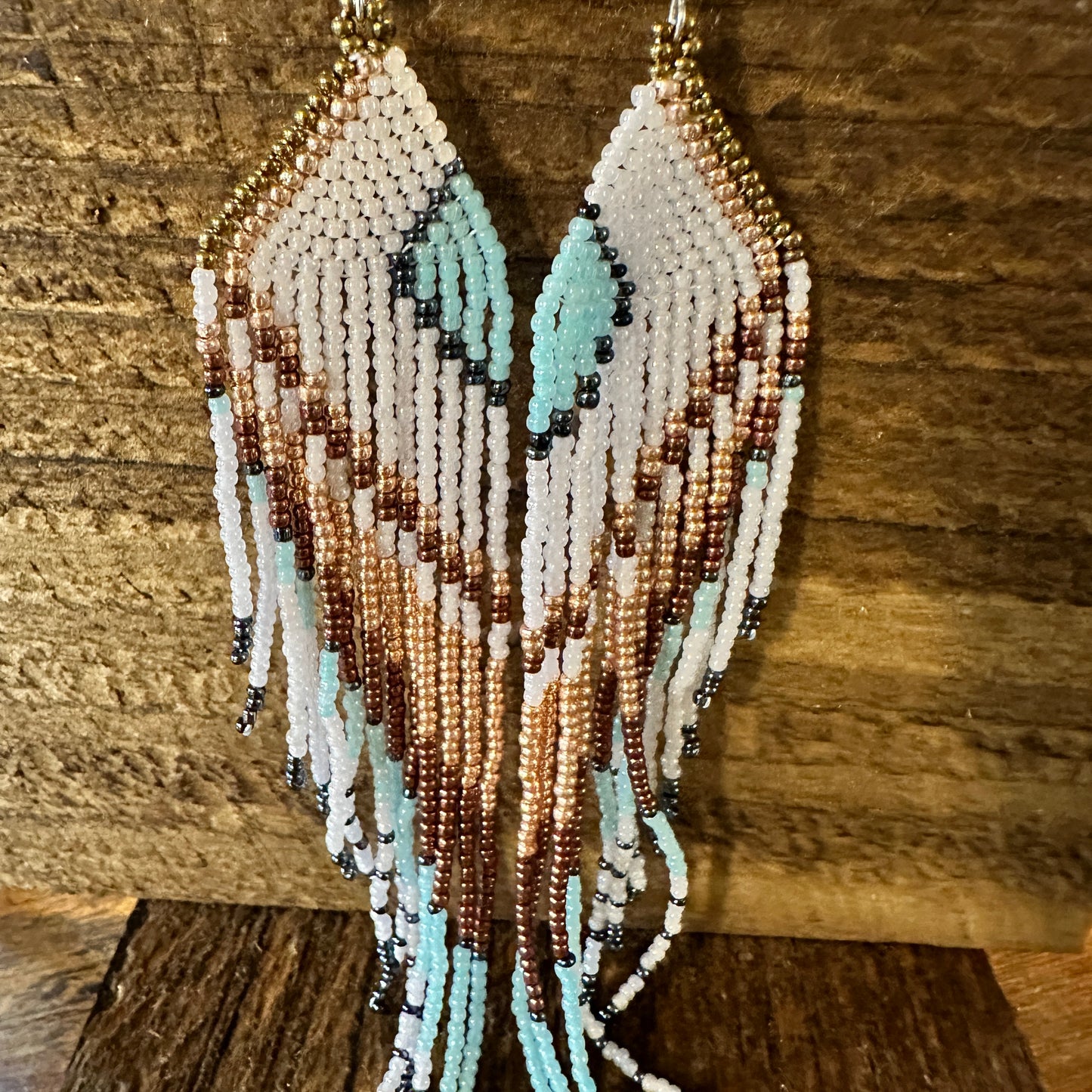 Boho Native American Navajo Seed Bead Dangle Wire Earrings, Turquoise Stone, Gift Box - Silver Elegant