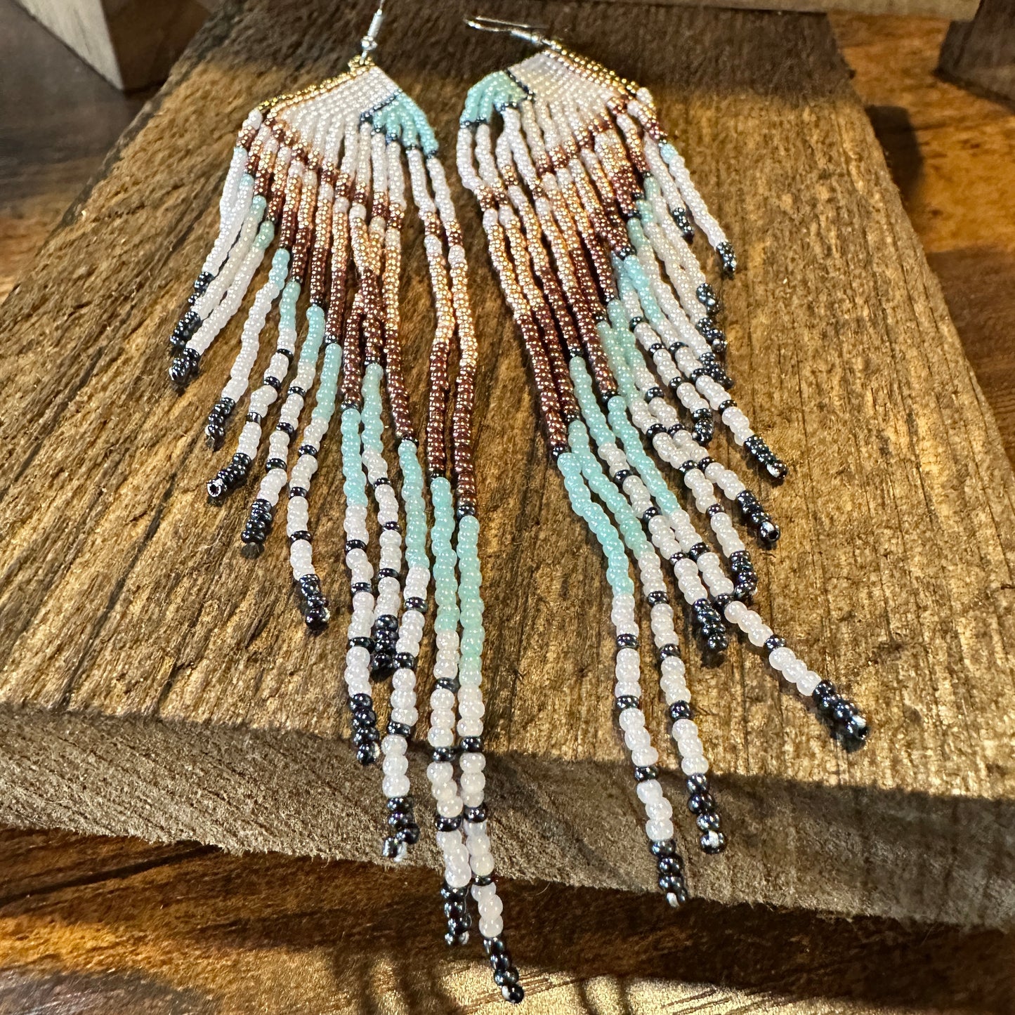 Boho Native American Navajo Seed Bead Dangle Wire Earrings, Turquoise Stone, Gift Box - Silver Elegant