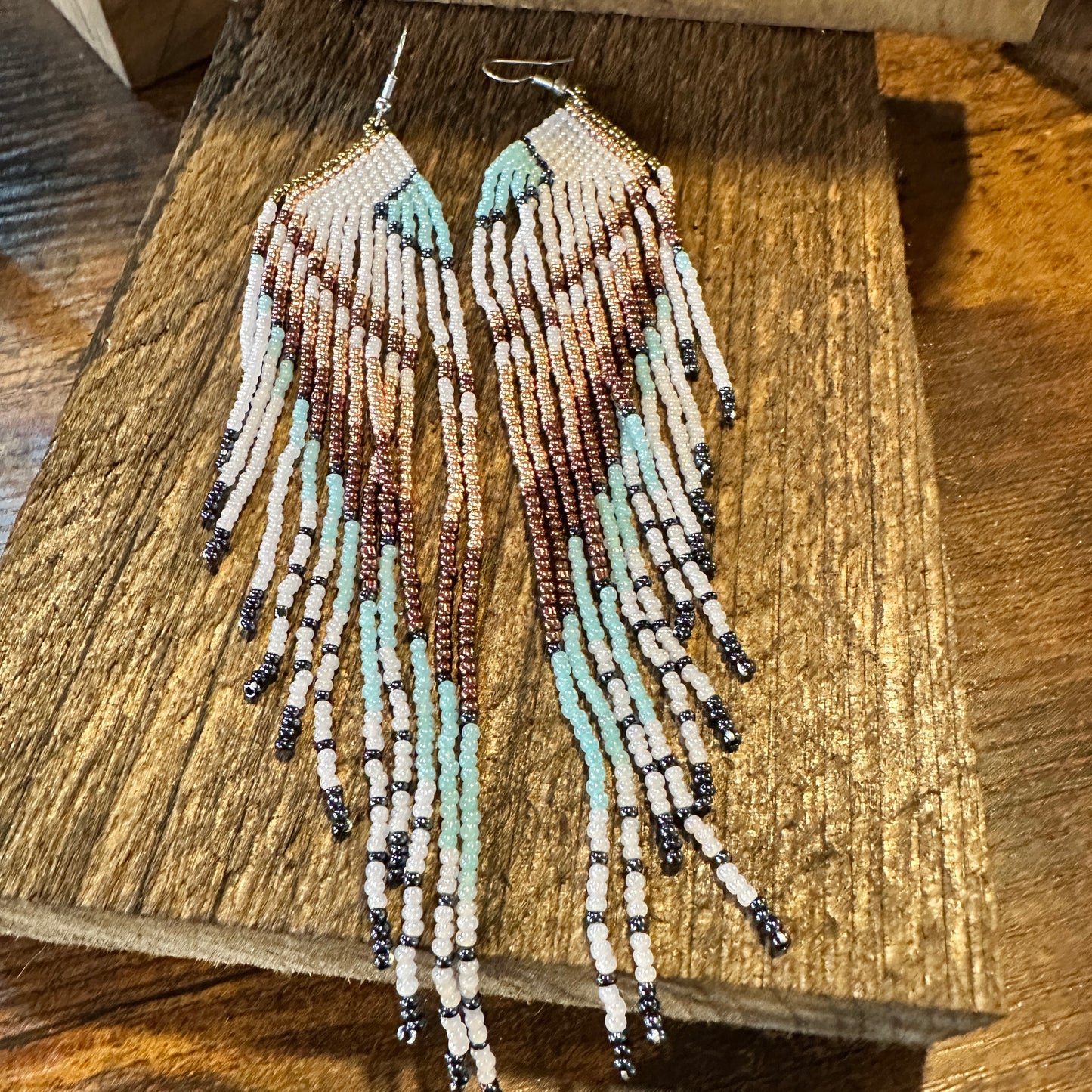 Boho Native American Navajo Seed Bead Dangle Wire Earrings, Turquoise Stone, Gift Box - Silver Elegant