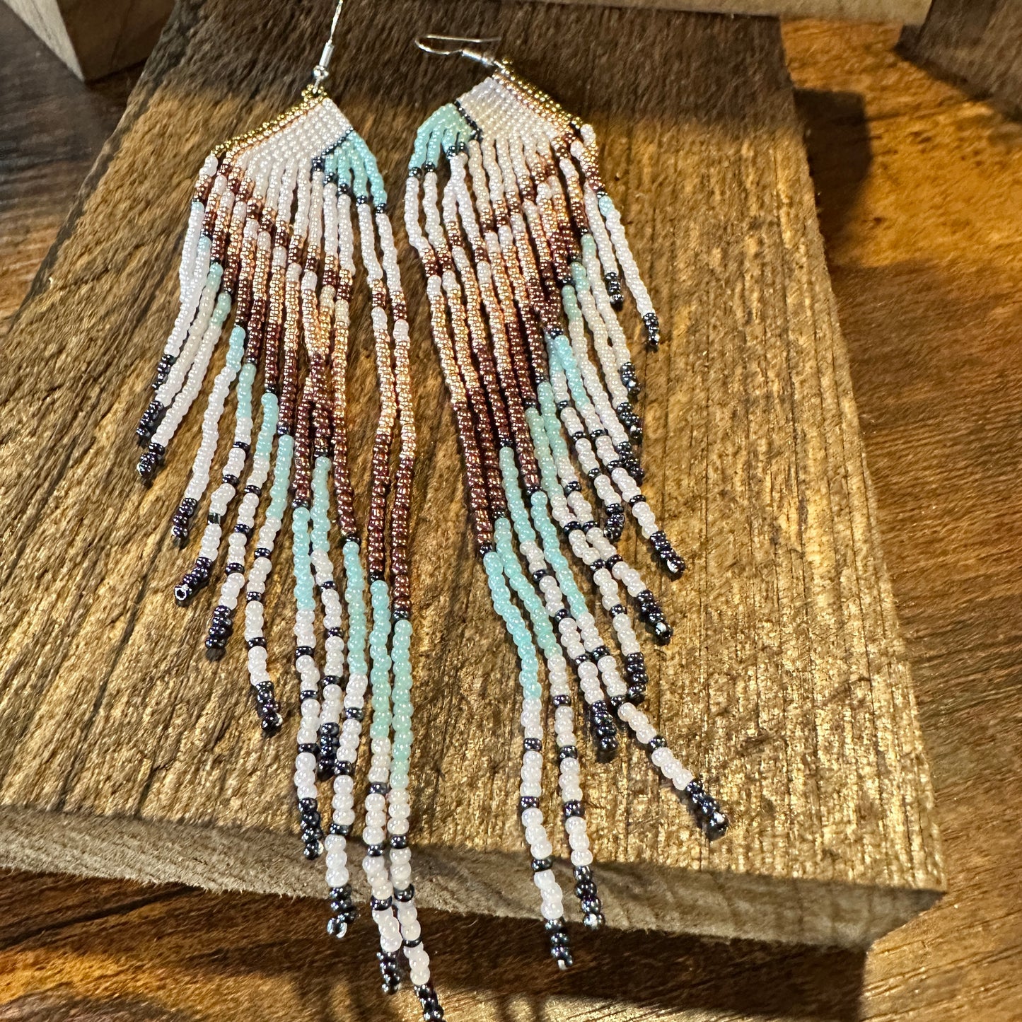 Boho Native American Navajo Seed Bead Dangle Wire Earrings, Turquoise Stone, Gift Box - Silver Elegant