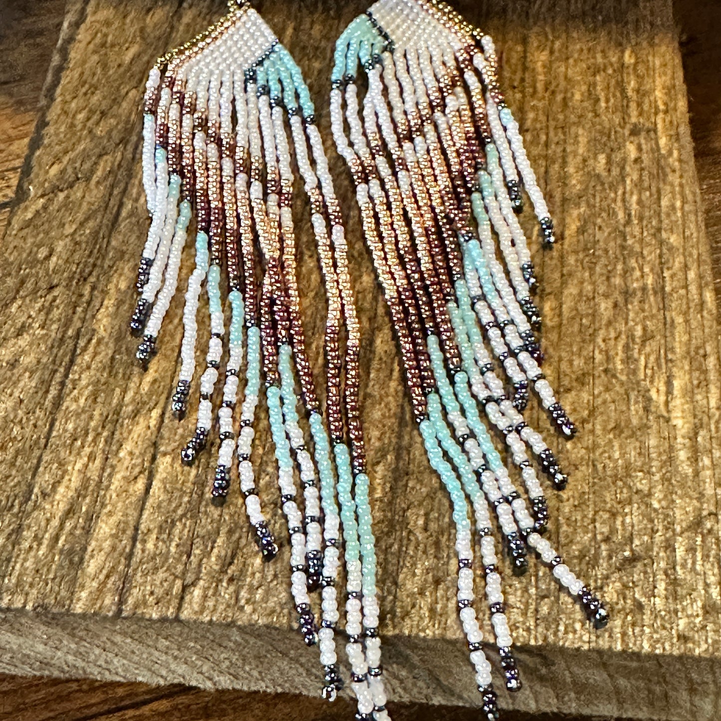 Boho Native American Navajo Seed Bead Dangle Wire Earrings, Turquoise Stone, Gift Box - Silver Elegant