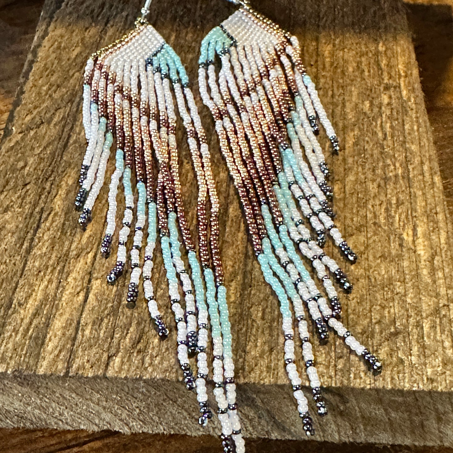 Boho Native American Navajo Seed Bead Dangle Wire Earrings, Turquoise Stone, Gift Box - Silver Elegant