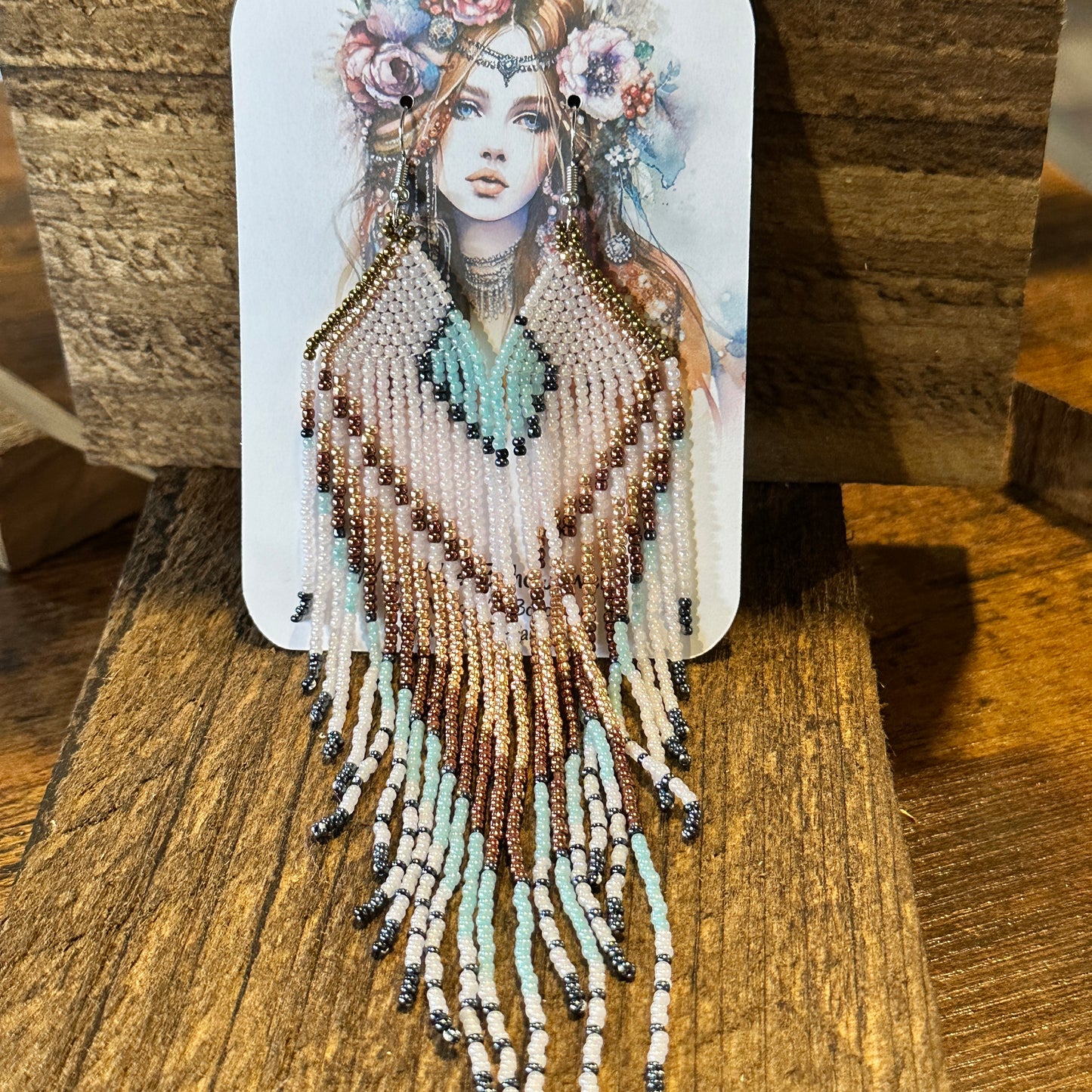 Boho Native American Navajo Seed Bead Dangle Wire Earrings, Turquoise Stone, Gift Box - Silver Elegant