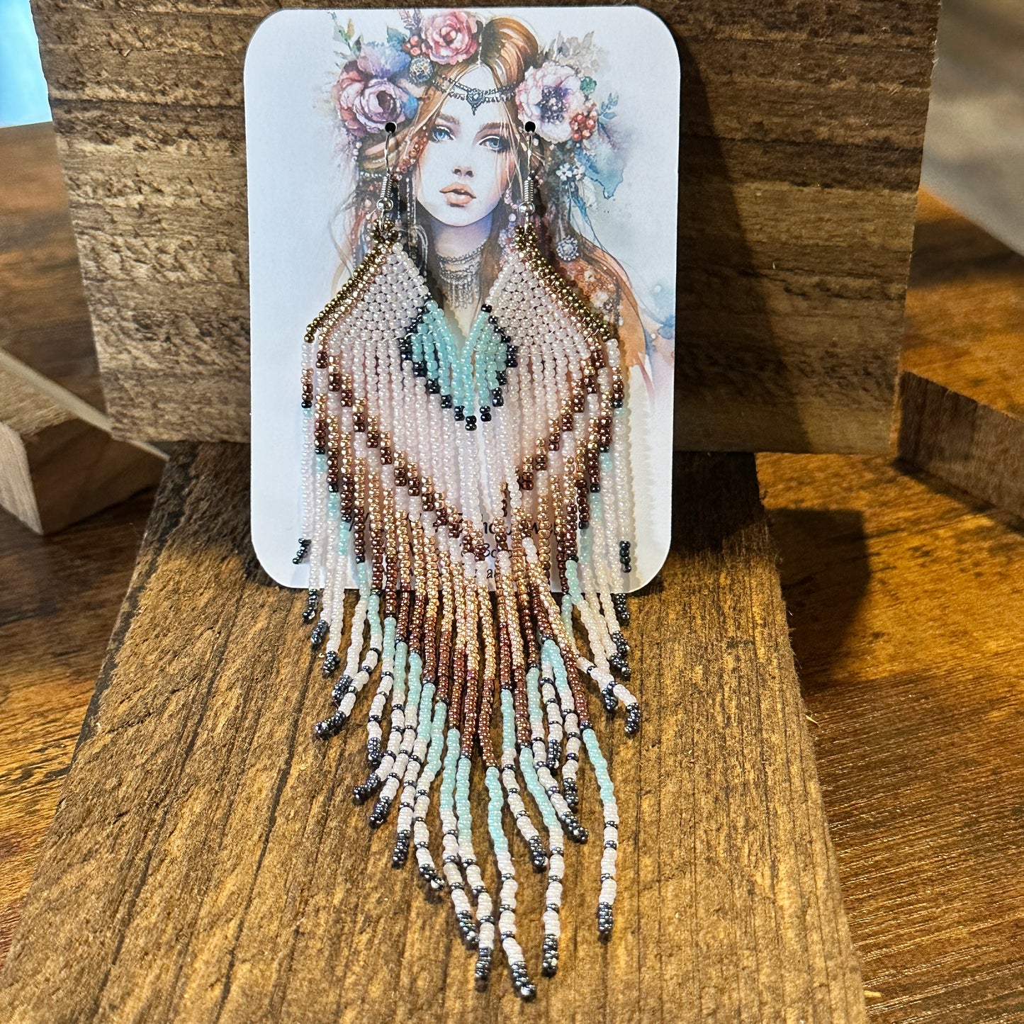 Boho Native American Navajo Seed Bead Dangle Wire Earrings, Turquoise Stone, Gift Box - Silver Elegant