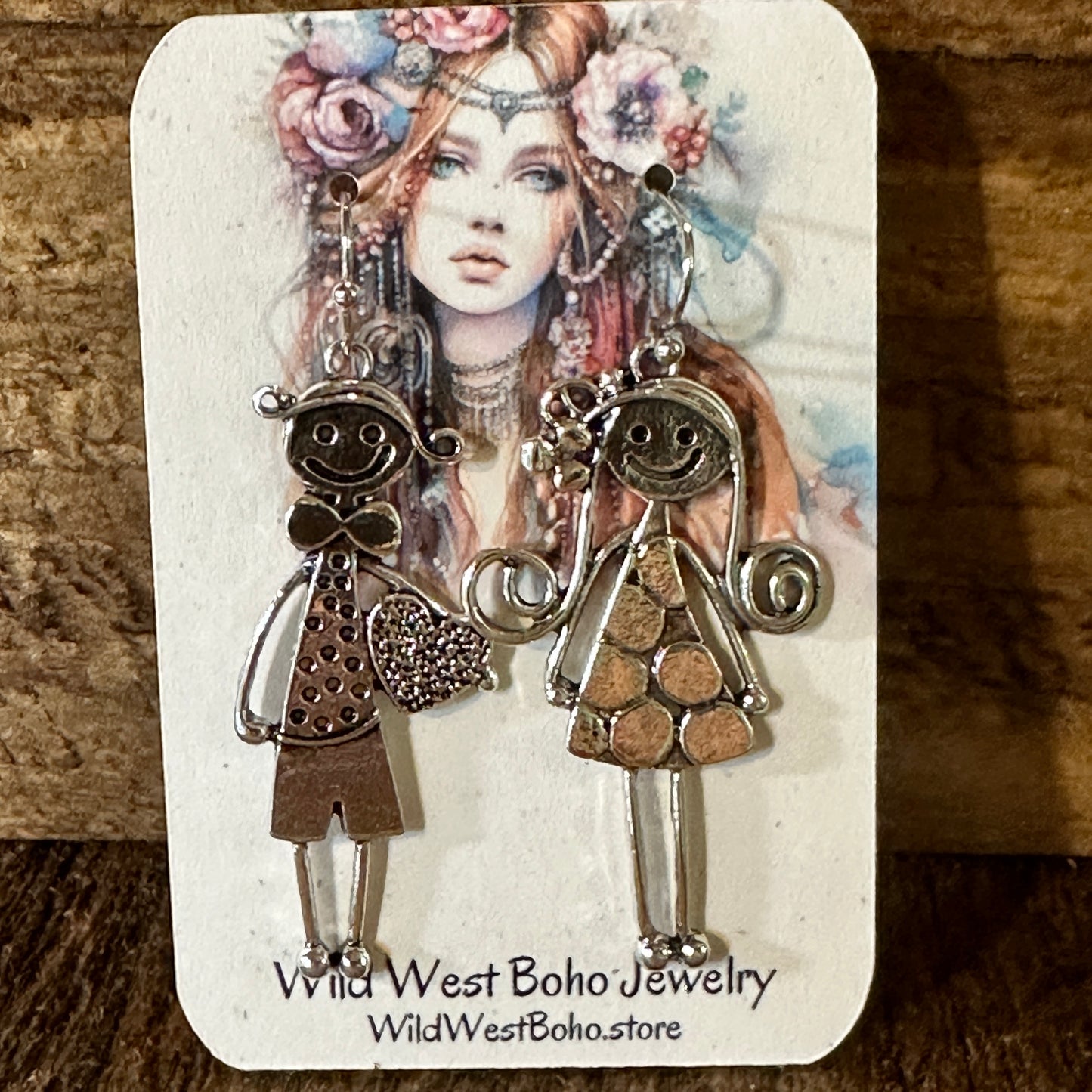 Boho Native American Navajo Dangle Wire Earrings, Boy & Girl, Gift Box - Silver Elegant