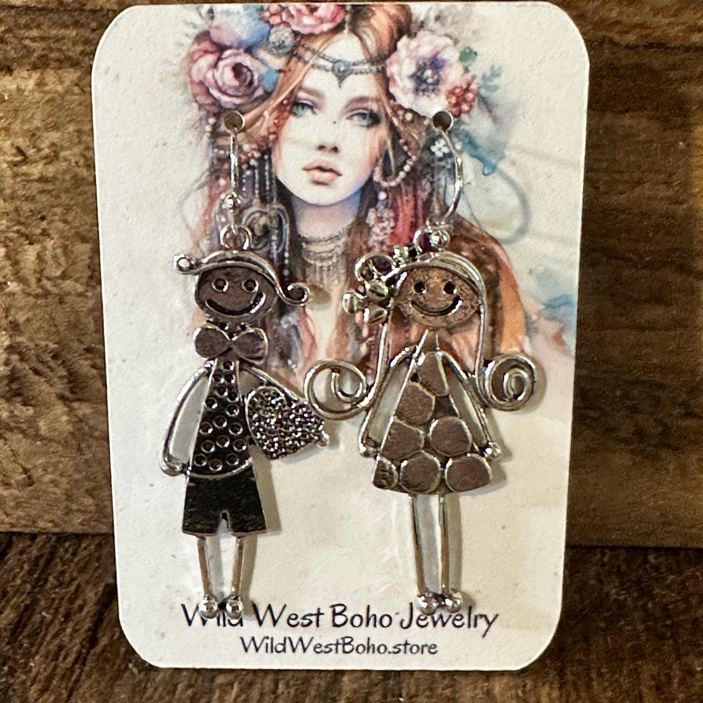 Boho Native American Navajo Dangle Wire Earrings, Boy & Girl, Gift Box - Silver Elegant