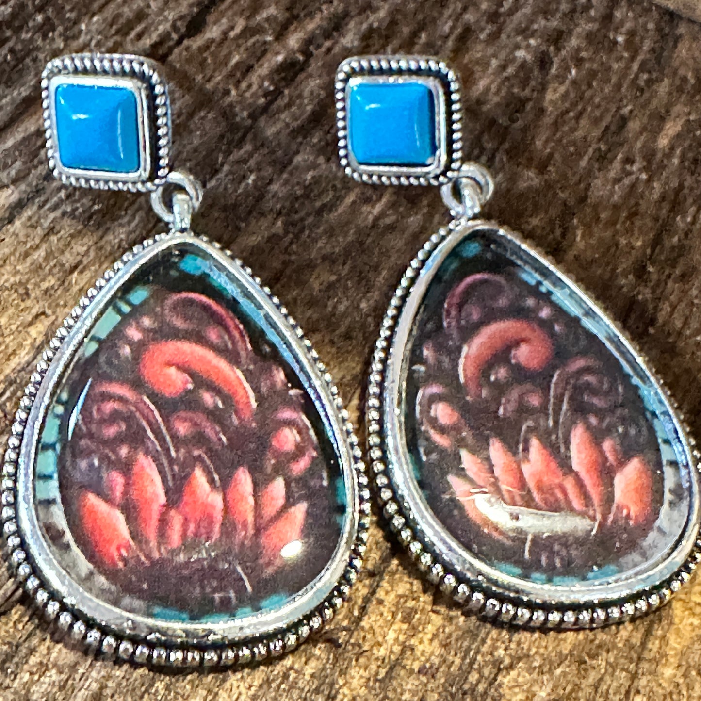 Vintage Droplet Shape Sunflower Print Dangle Earrings, Boho Western Style, Gift box - Silver Elegant