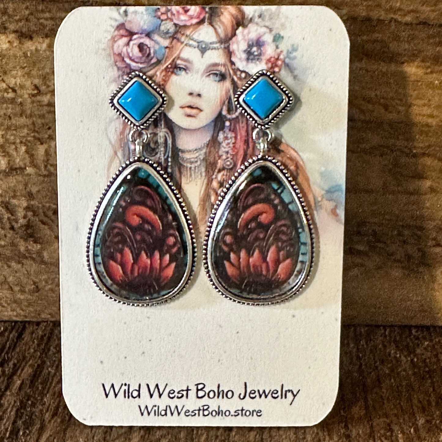 Vintage Droplet Shape Sunflower Print Dangle Earrings, Boho Western Style, Gift box - Silver Elegant