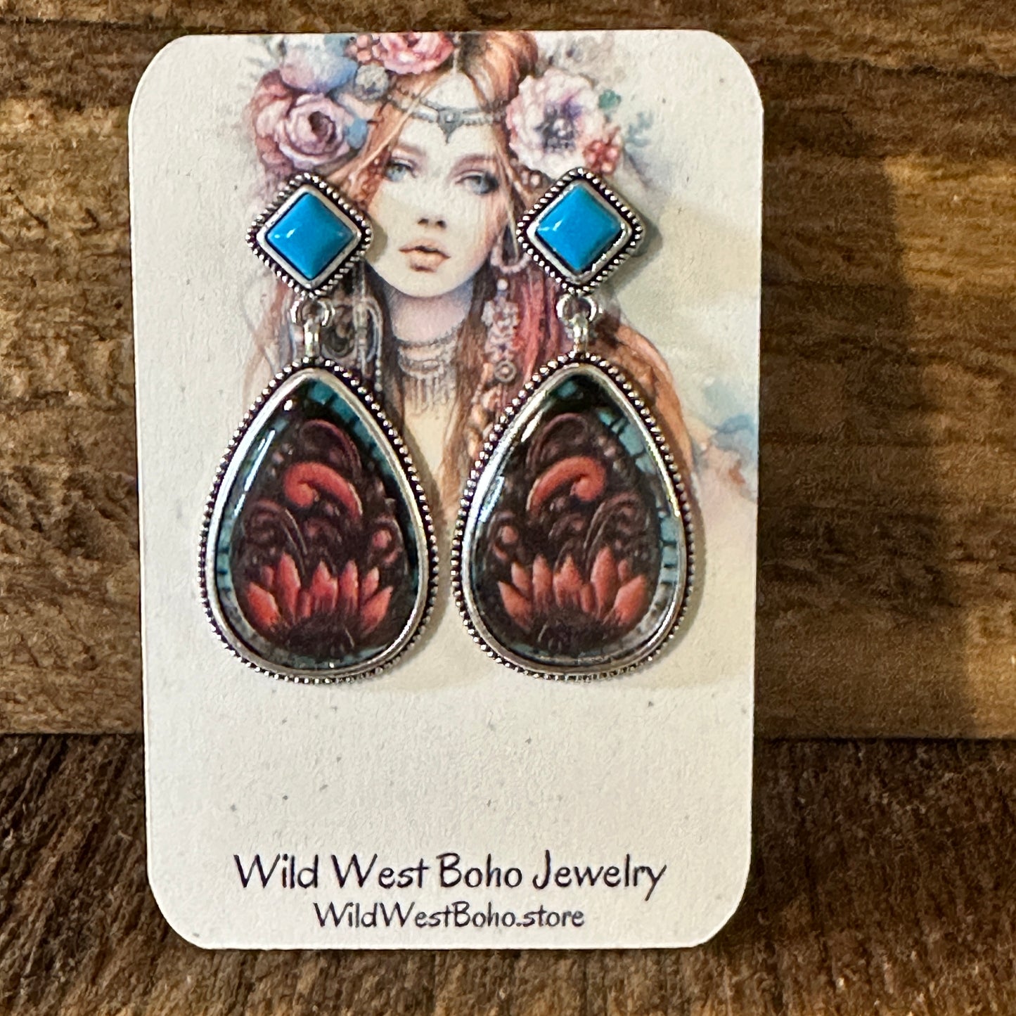 Vintage Droplet Shape Sunflower Print Dangle Earrings, Boho Western Style, Gift box - Silver Elegant