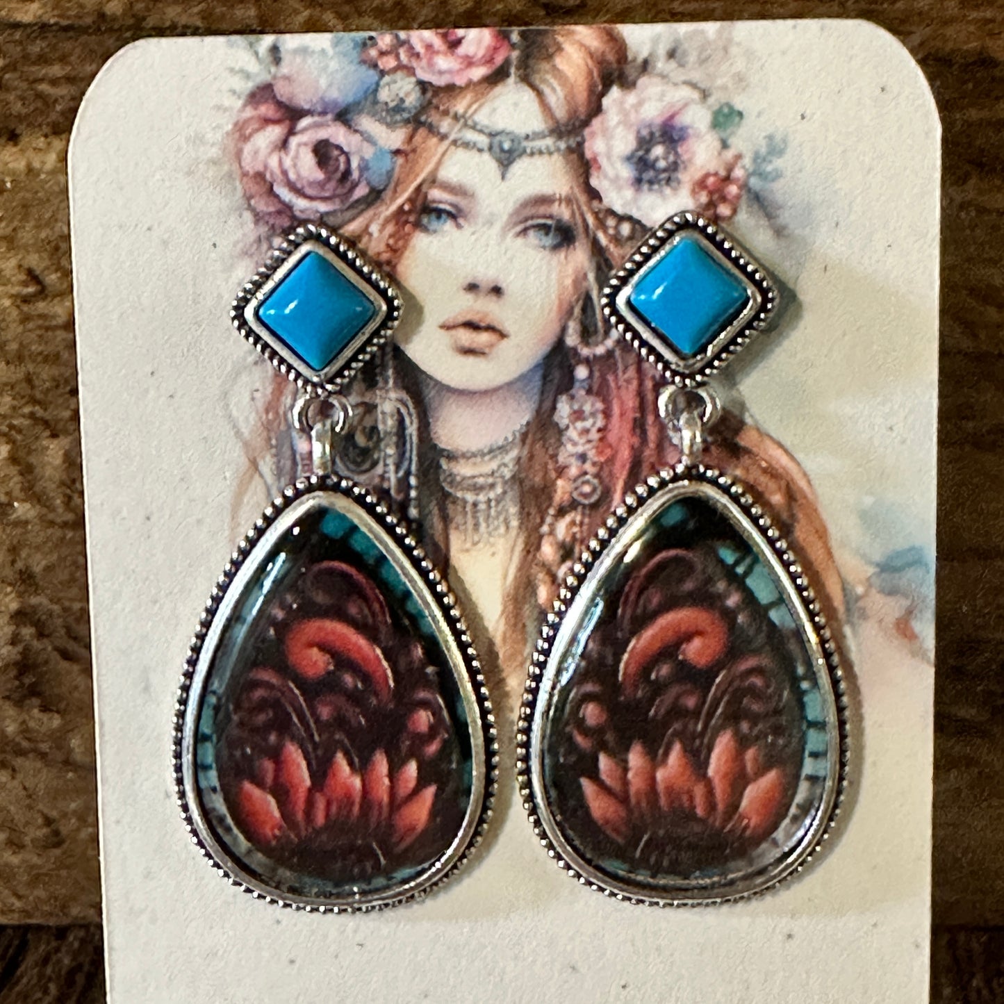 Vintage Droplet Shape Sunflower Print Dangle Earrings, Boho Western Style, Gift box - Silver Elegant