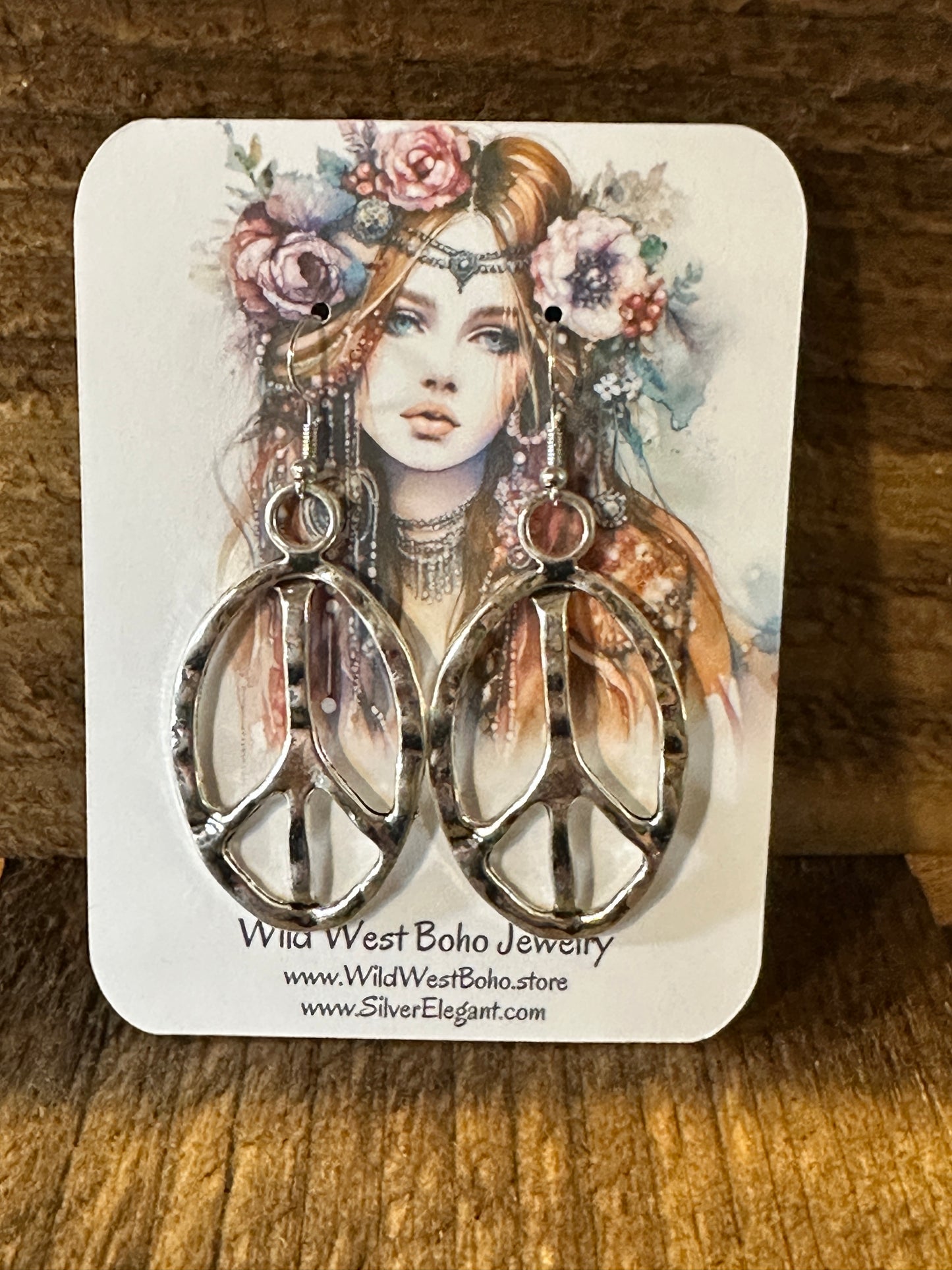 Boho Vintage Hippie Peace Sign Dangle Wire Earrings, Silver Plated, Gift Box - Silver Elegant