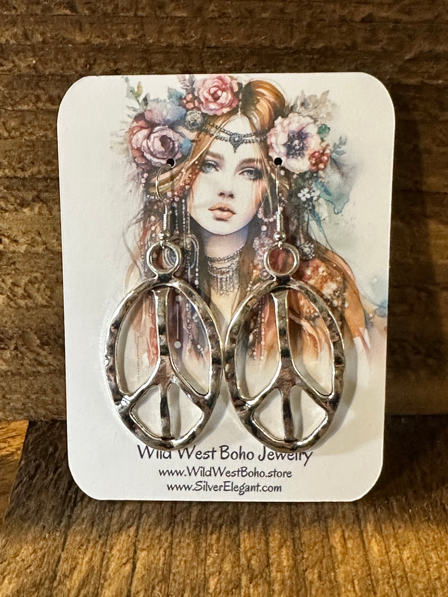Boho Vintage Hippie Peace Sign Dangle Wire Earrings, Silver Plated, Gift Box - Silver Elegant