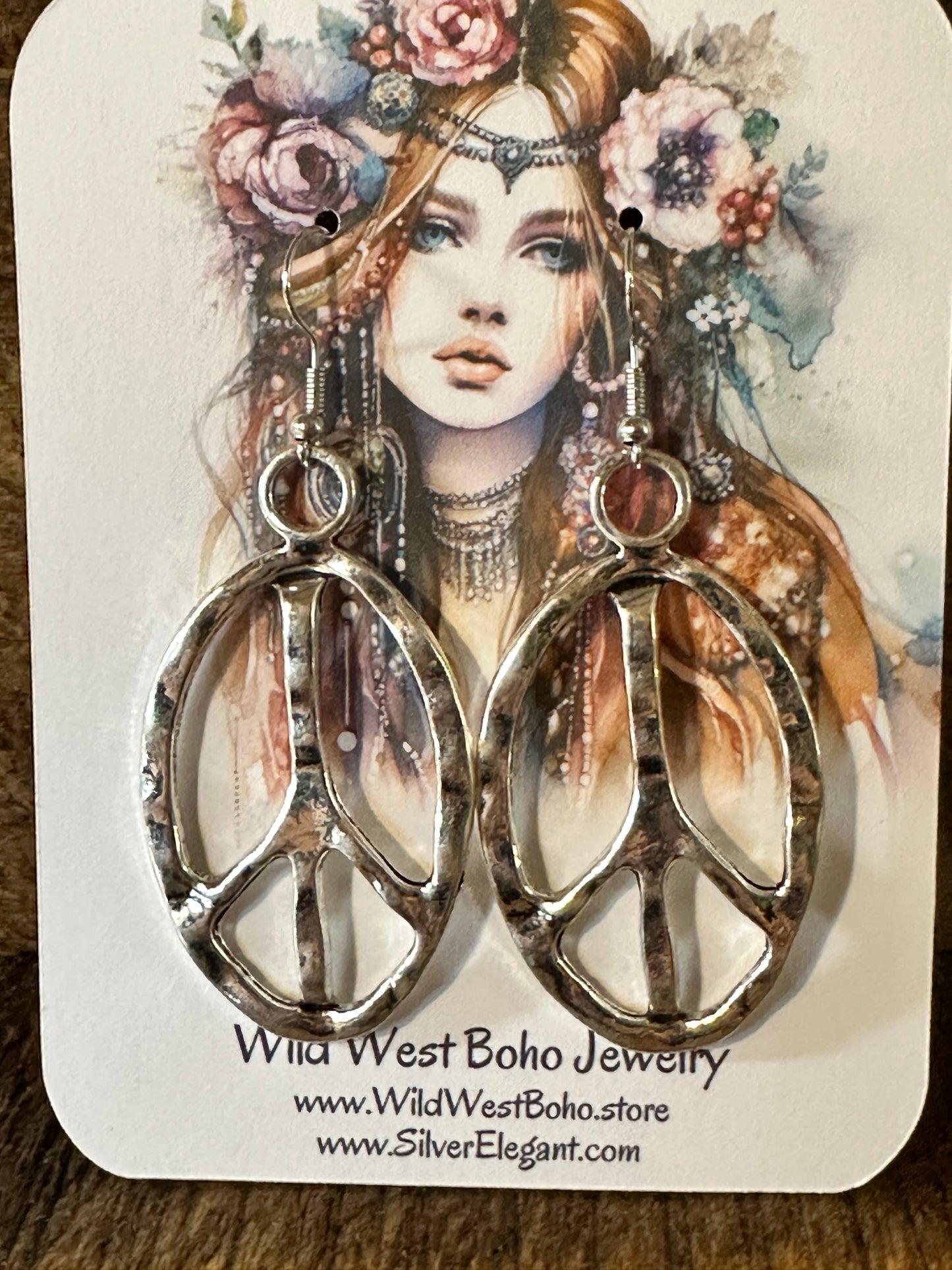 Boho Vintage Hippie Peace Sign Dangle Wire Earrings, Silver Plated, Gift Box - Silver Elegant