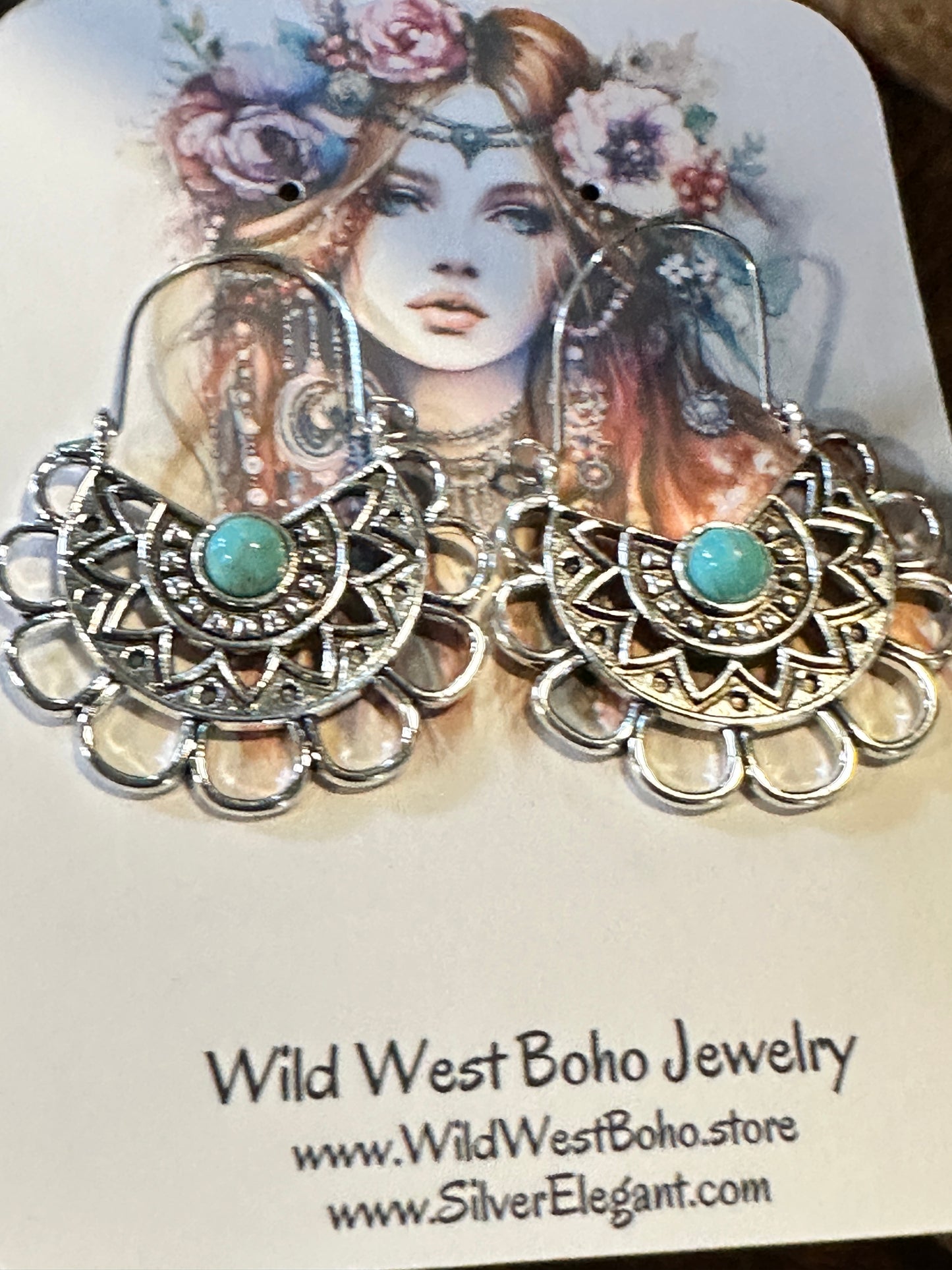 Boho Vintage Chic Southwestern Lace Dangle Wire Earrings, Silver Plated, Gift Box - Silver Elegant