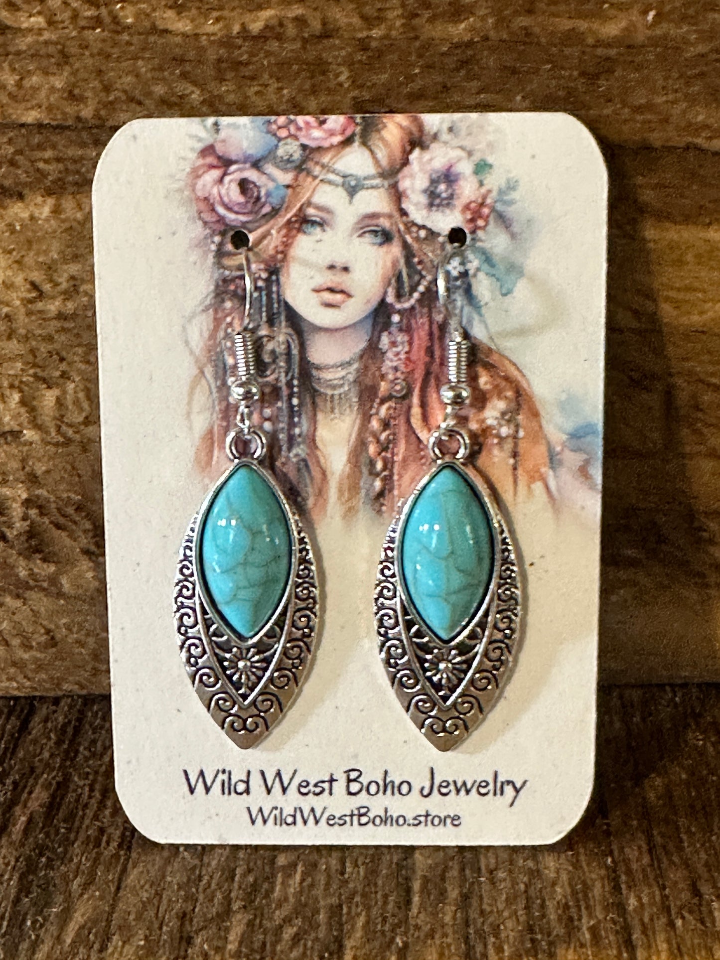 Boho Vintage Chic Southwestern Dangle Wire Earrings, Turquoise Stone, Gift Box - Silver Elegant