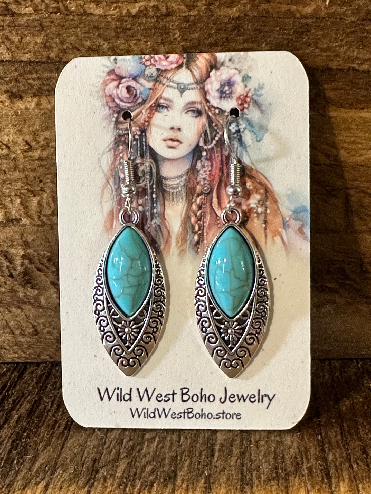 Boho Vintage Chic Southwestern Dangle Wire Earrings, Turquoise Stone, Gift Box - Silver Elegant