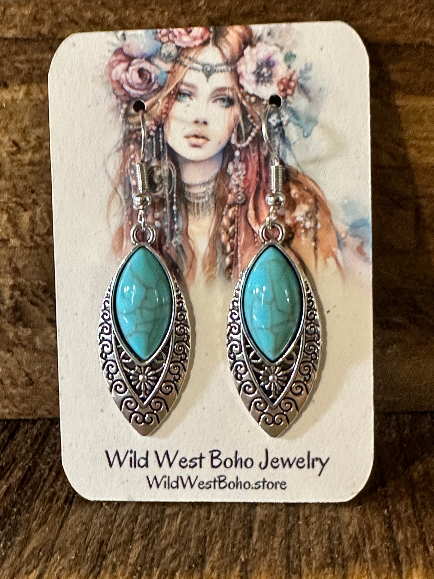 Boho Vintage Chic Southwestern Dangle Wire Earrings, Turquoise Stone, Gift Box - Silver Elegant