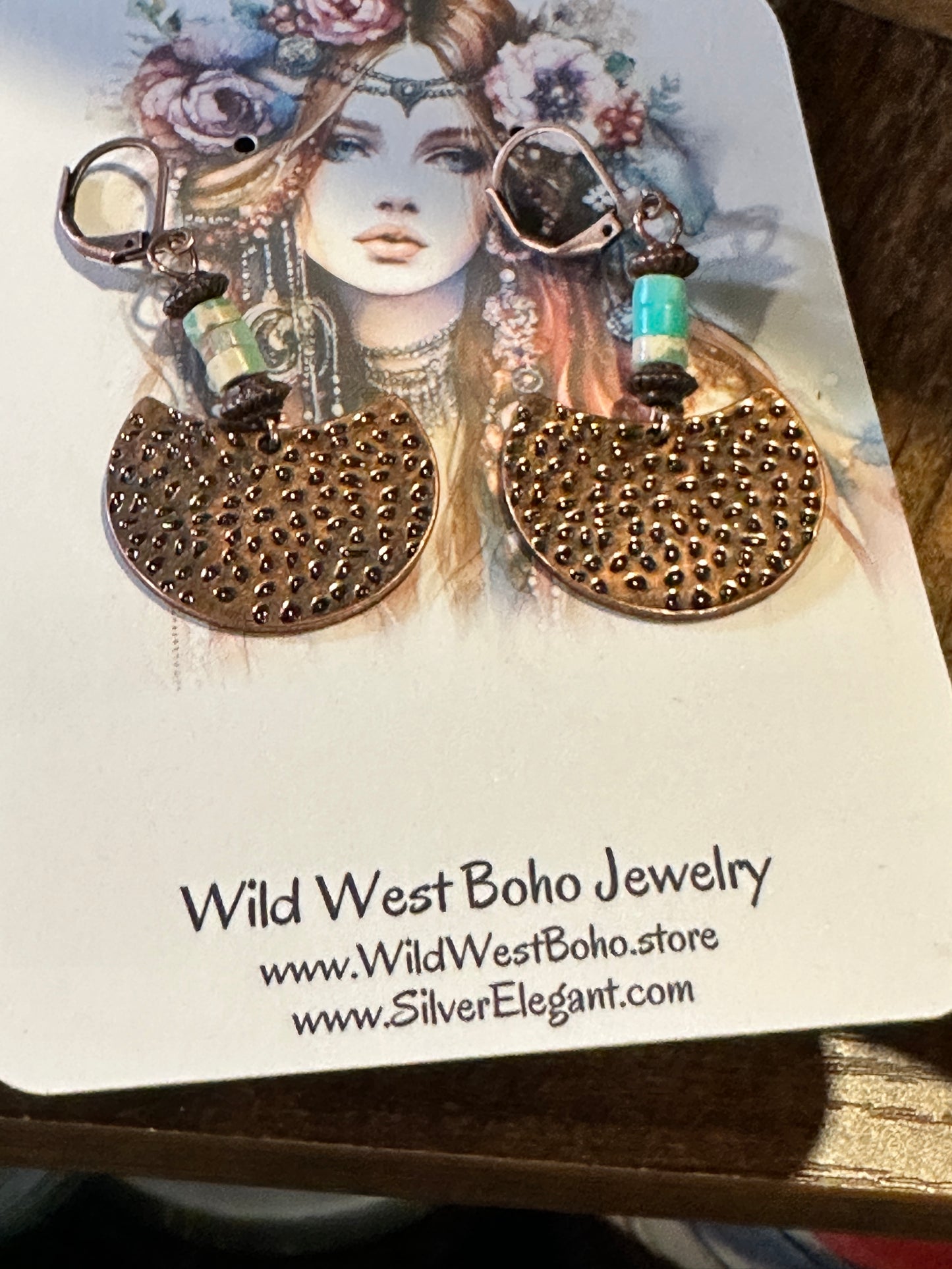 Boho Vintage Chic Southwestern Copper Dangle Wire Earrings, Turquoise Stone, Gift Box - Silver Elegant