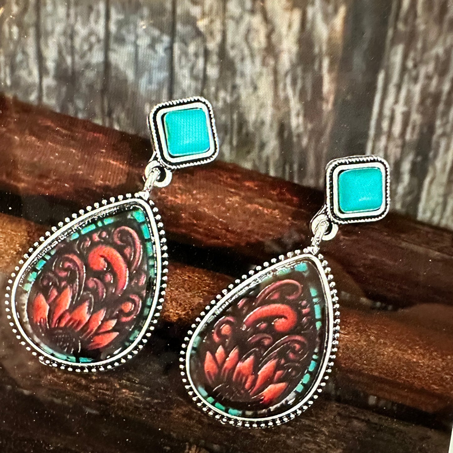 Vintage Droplet Shape Sunflower Print Dangle Earrings, Boho Western Style, Gift box - Silver Elegant
