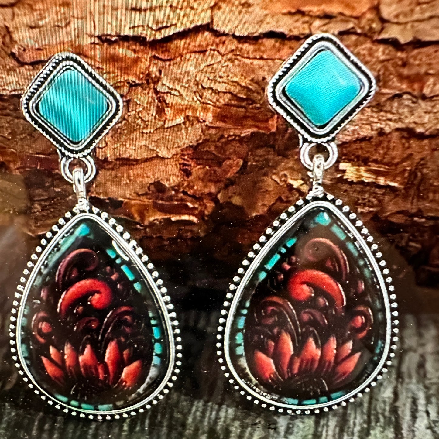 Vintage Droplet Shape Sunflower Print Dangle Earrings, Boho Western Style, Gift box - Silver Elegant