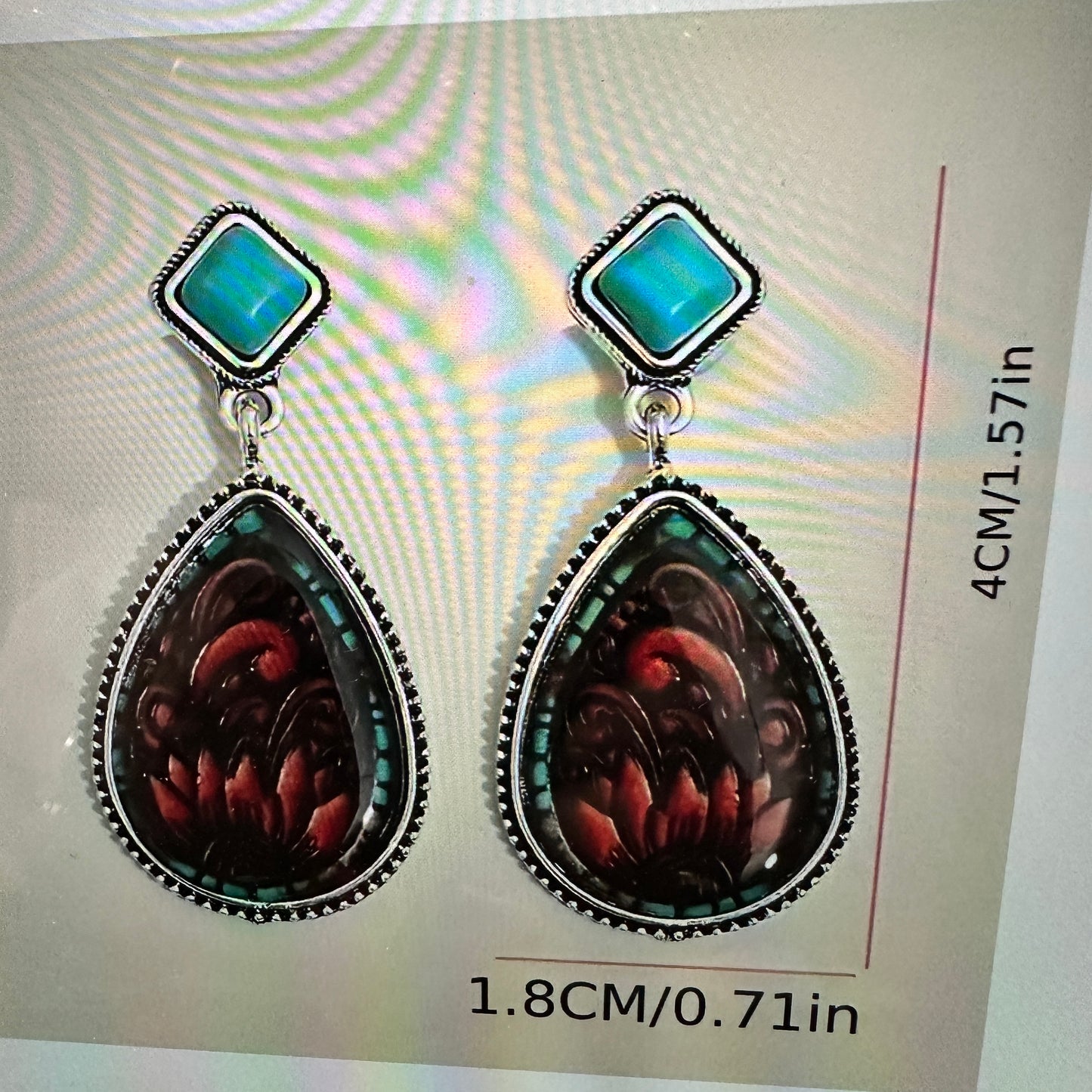 Vintage Droplet Shape Sunflower Print Dangle Earrings, Boho Western Style, Gift box - Silver Elegant