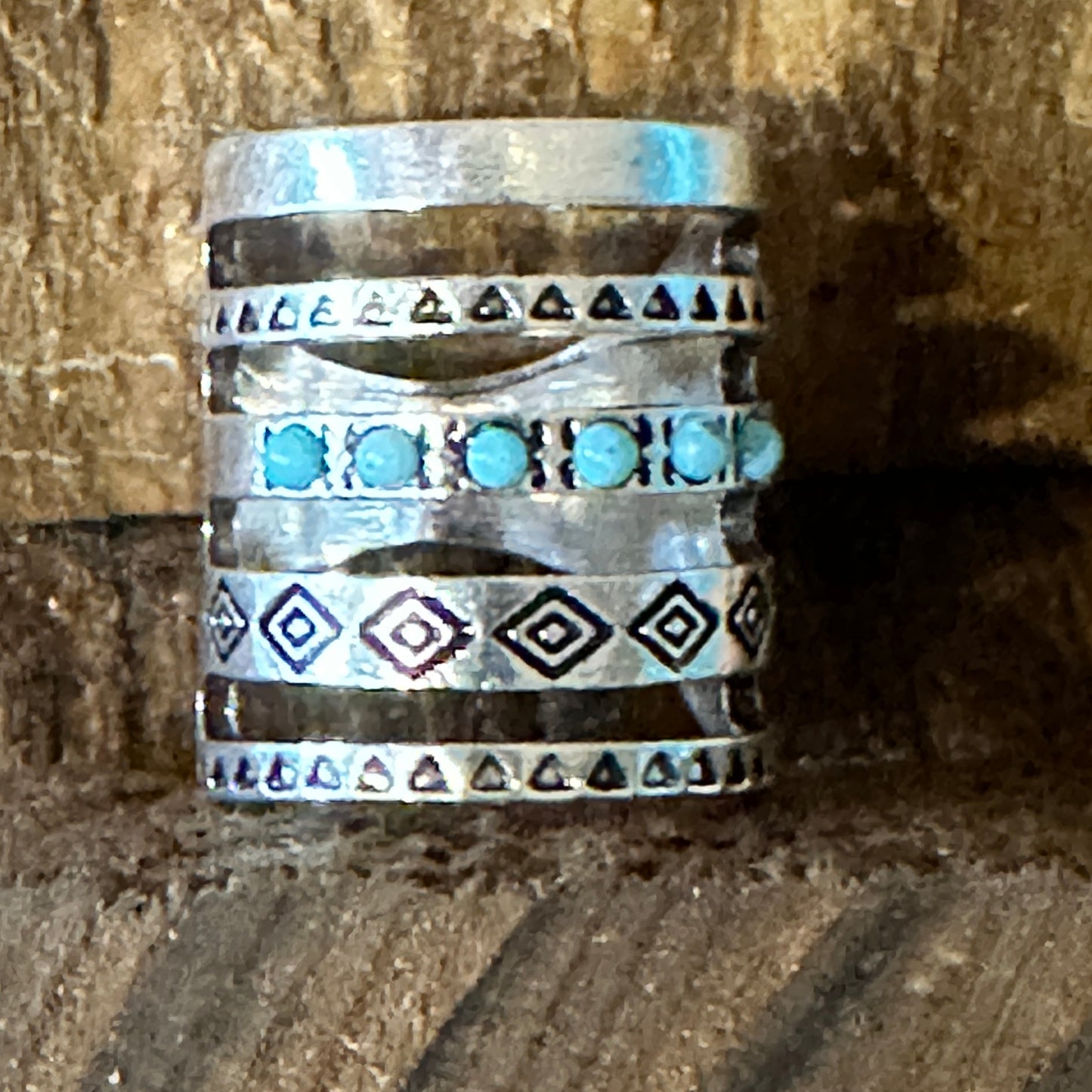 Handmade Artesian Hippie Native American Wide Cuff Ring, Turquoise Stones, Gift Box - Silver Elegant