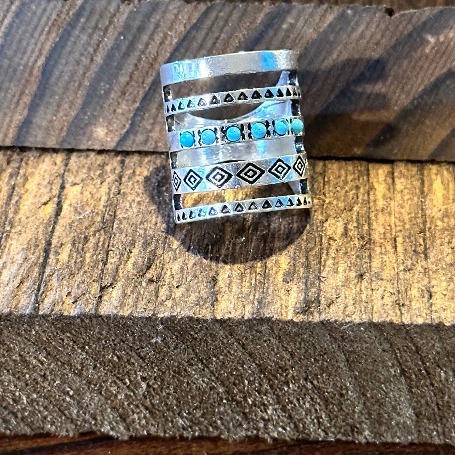 Handmade Artesian Hippie Native American Wide Cuff Ring, Turquoise Stones, Gift Box - Silver Elegant