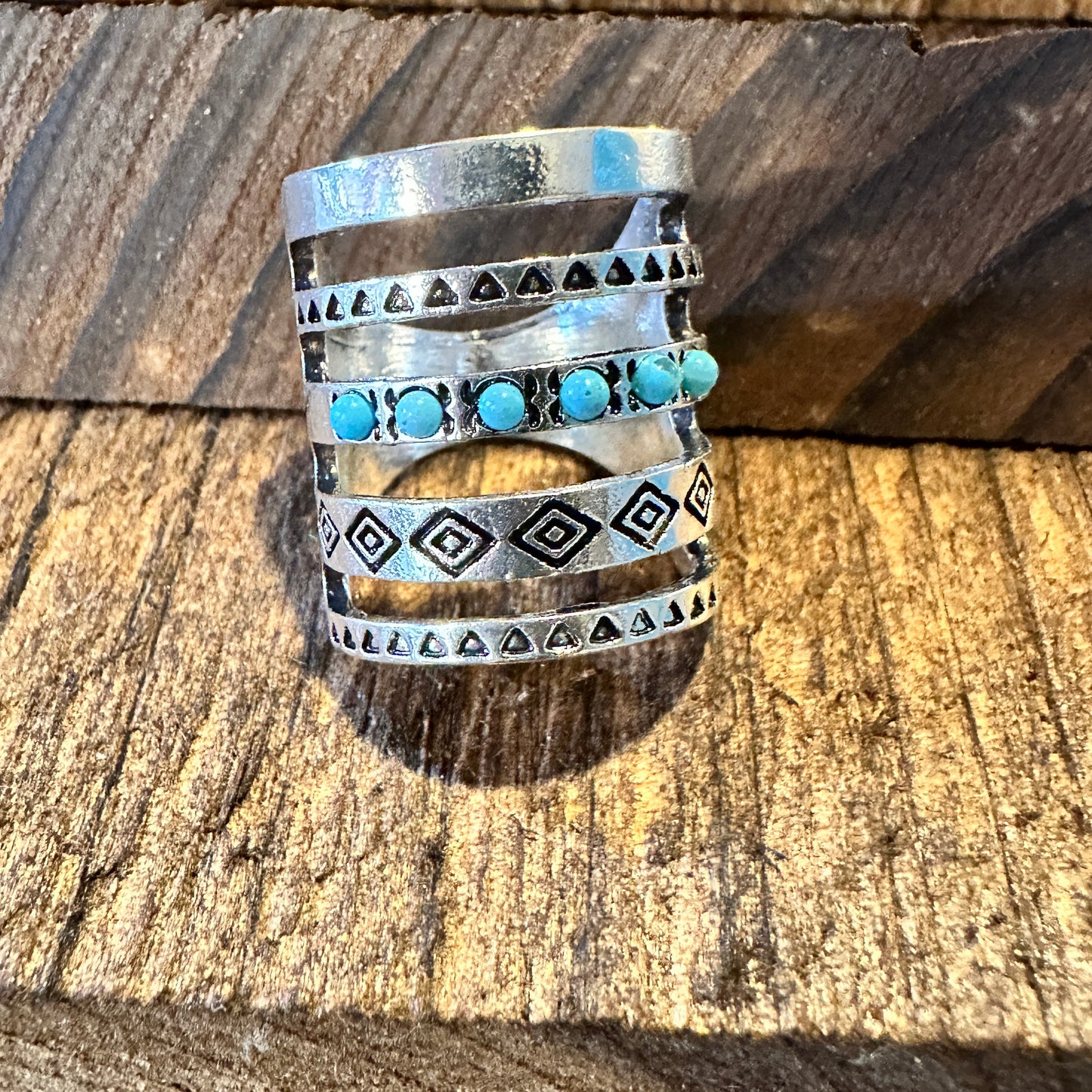 Handmade Artesian Hippie Native American Wide Cuff Ring, Turquoise Stones, Gift Box - Silver Elegant