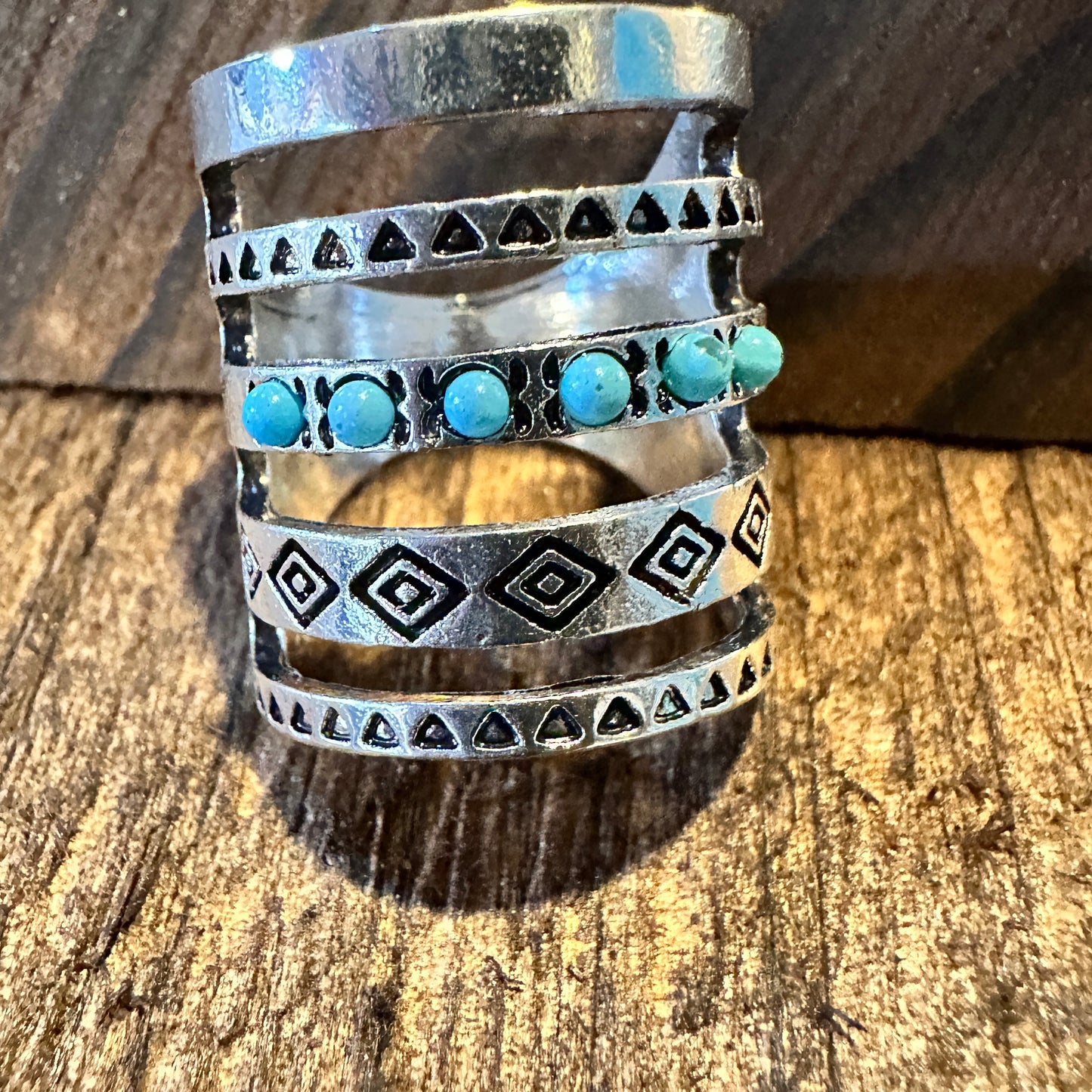 Handmade Artesian Hippie Native American Wide Cuff Ring, Turquoise Stones, Gift Box - Silver Elegant