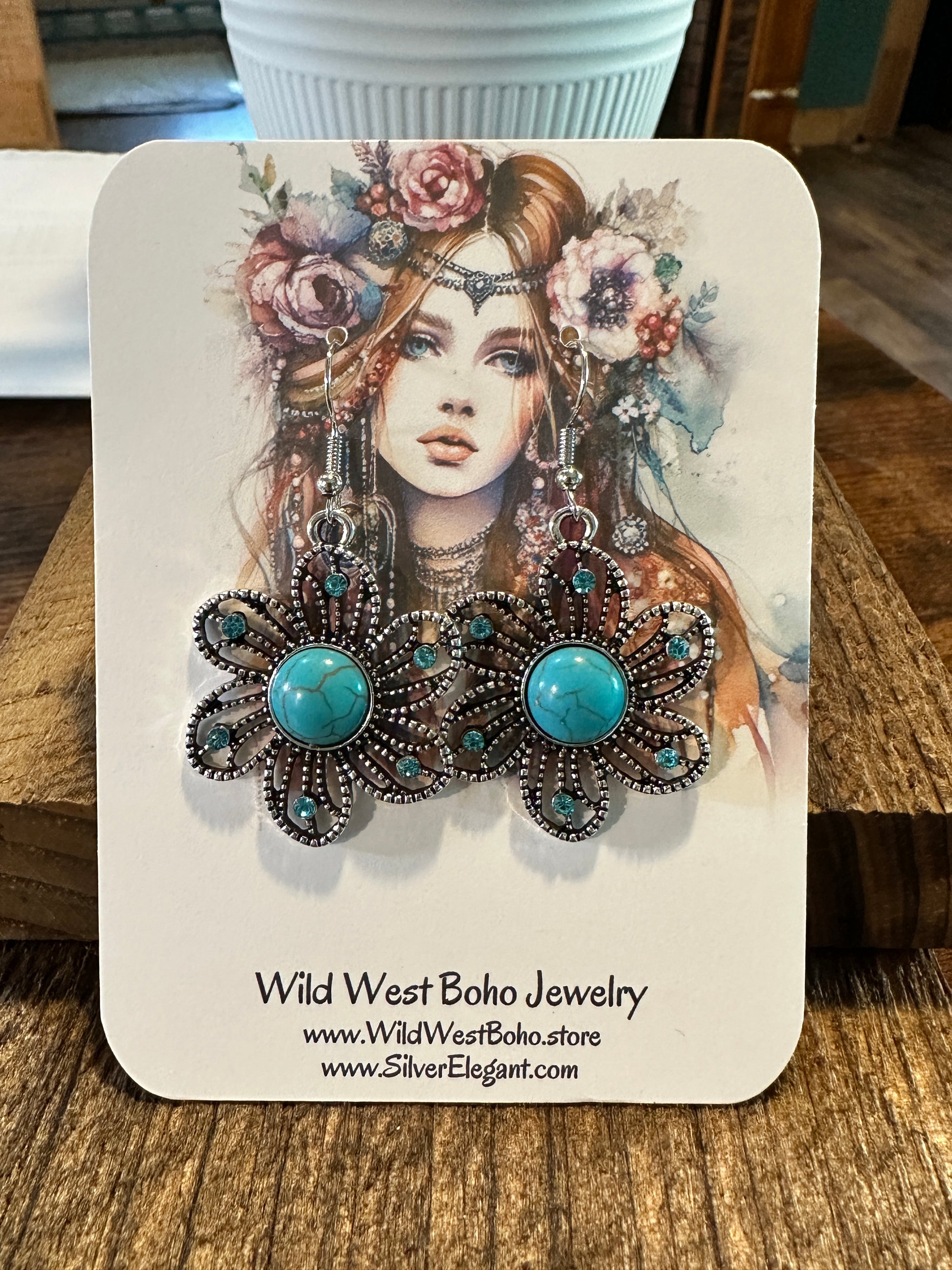Handcrafted Boho Turquoise Jewelry Set, Lace Beads Necklace/ Earring Set , Gift Box - Silver Elegant