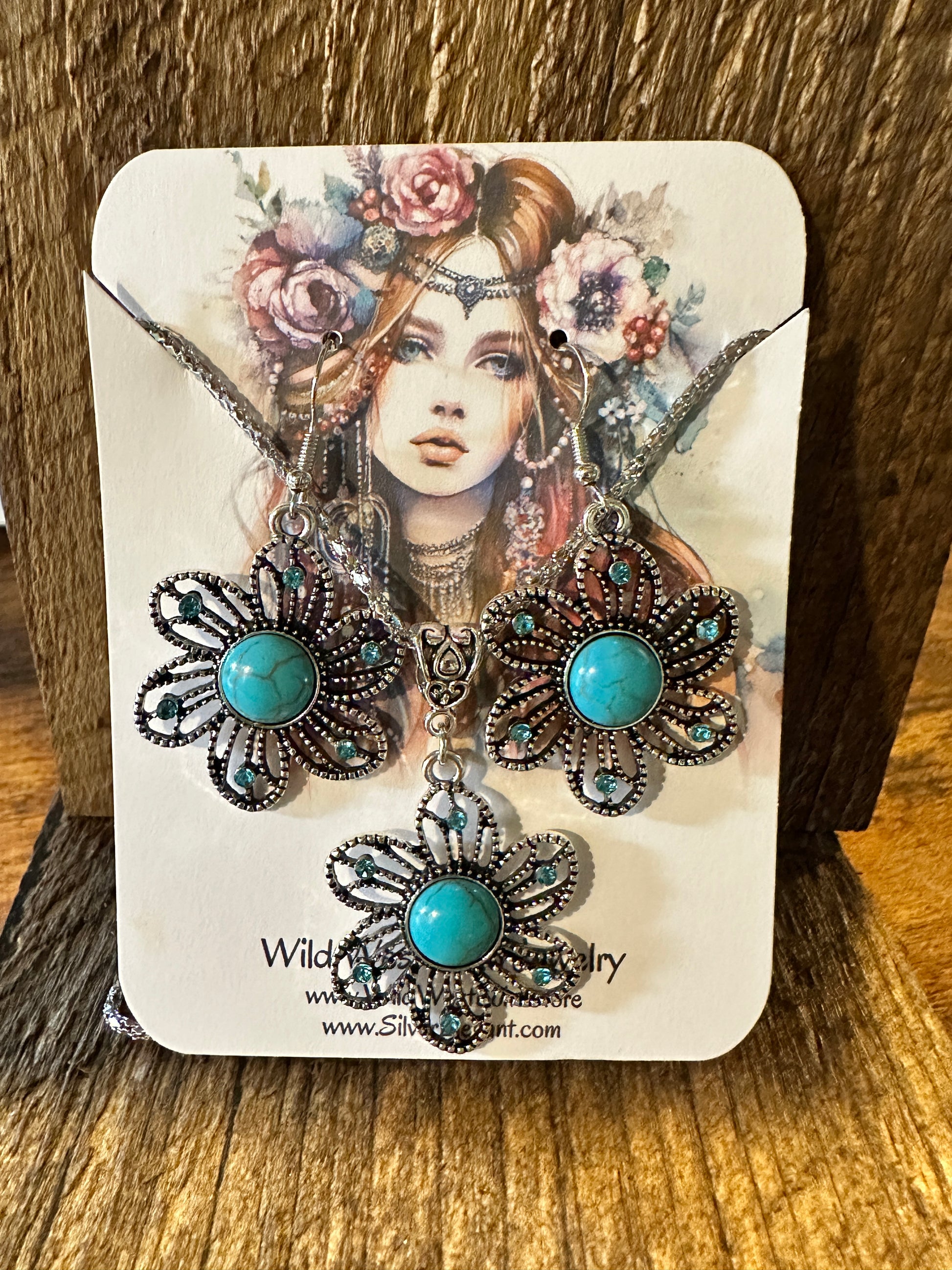 Handcrafted Boho Turquoise Jewelry Set, Lace Beads Necklace/ Earring Set , Gift Box - Silver Elegant
