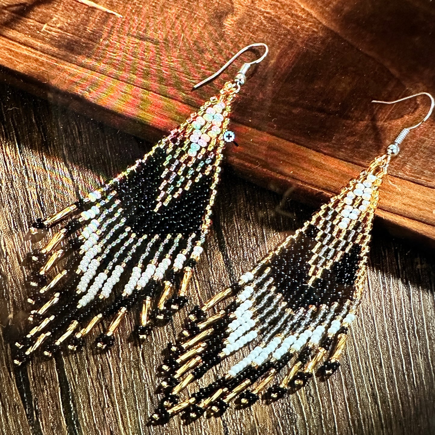 Handmade Bohemian Seed Bead Dangle Earrings in black and gold with Navajo-inspired patterns, dangle-drop design, and lightweight gift box are included. - Silver Elegant