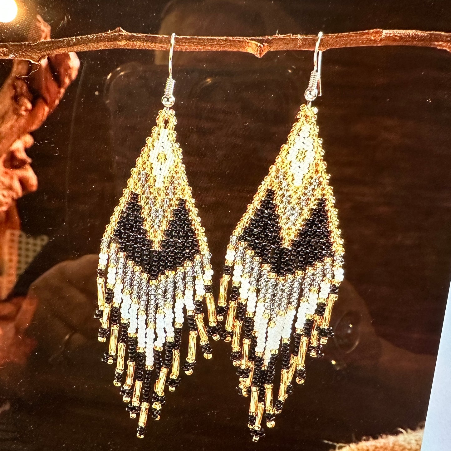 BHandmade Bohemian Seed Bead Dangle Earrings in black and gold with Navajo-inspired patterns, dangle-drop design, and lightweight gift box are included. - Silver Elegantohemian Navajo Seed Bead Dangle Earrings with Black and Gold Accents, Gift-Ready Box Included - Silver Elegant