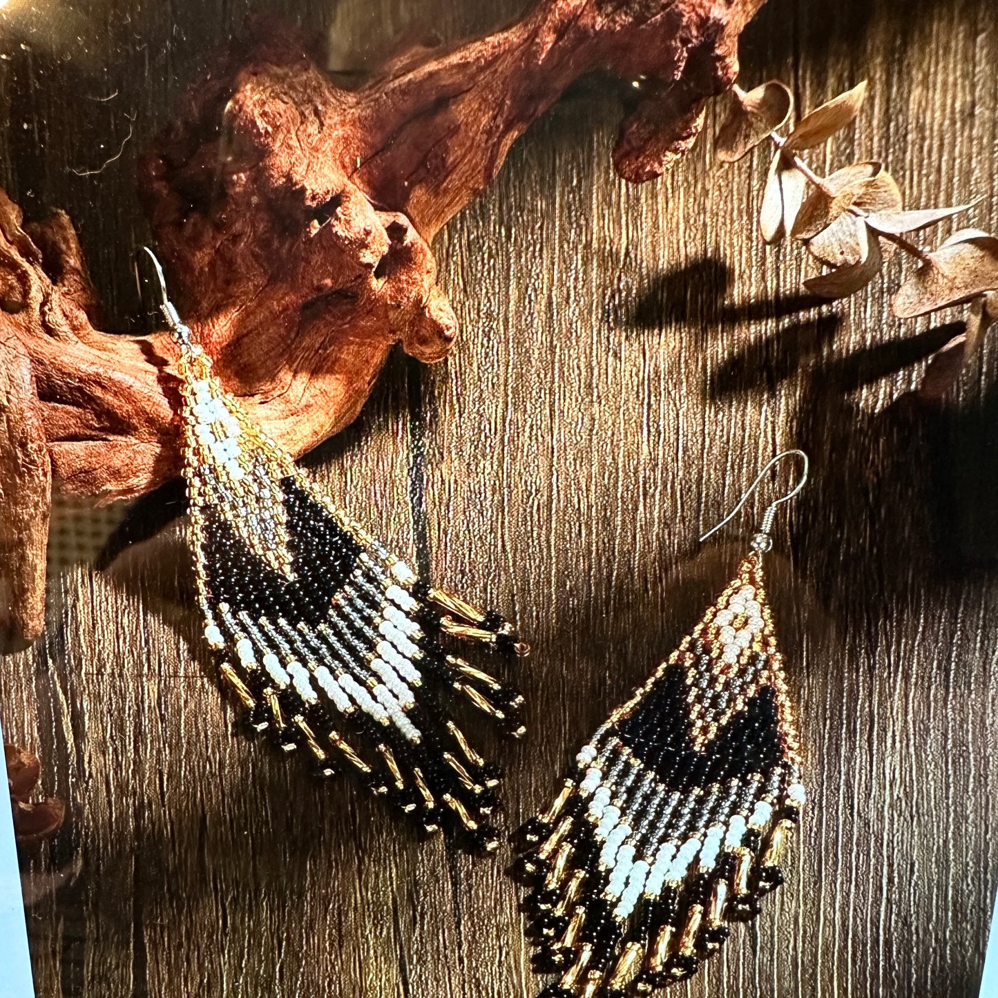 Handmade Bohemian Seed Bead Dangle Earrings in black and gold with Navajo-inspired patterns, dangle-drop design, and lightweight gift box are included. - Silver Elegant