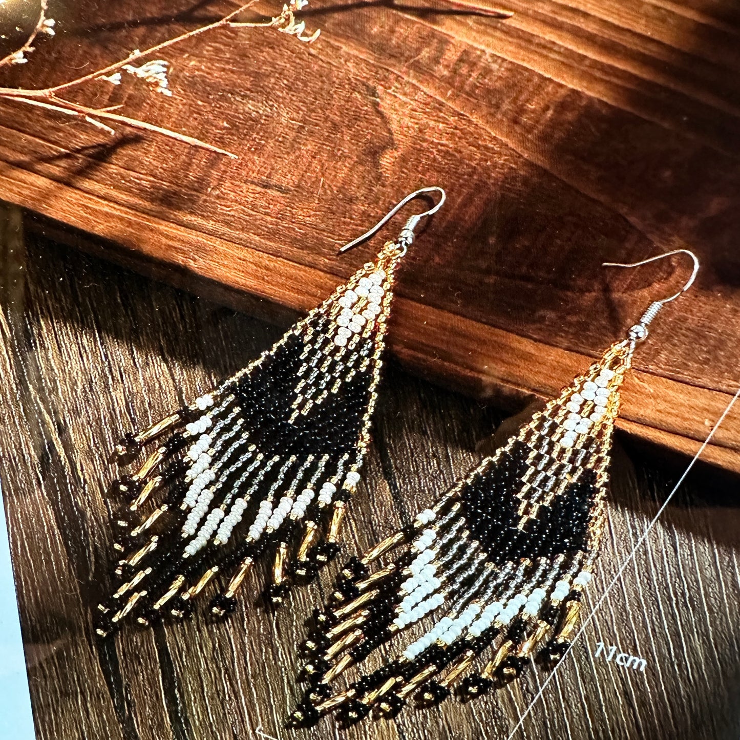 Handmade Bohemian Seed Bead Dangle Earrings in black and gold with Navajo-inspired patterns, dangle-drop design, and lightweight gift box are included. - Silver Elegant