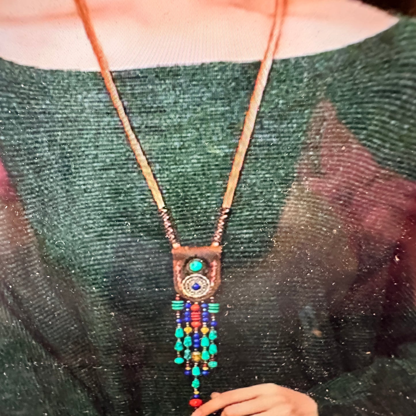 Artisan Boho Beaded Necklace featuring a vintage gemstone centerpiece, leather fringe, and green gemstone accents with gold details, Gift Boxed - Silver Elegant